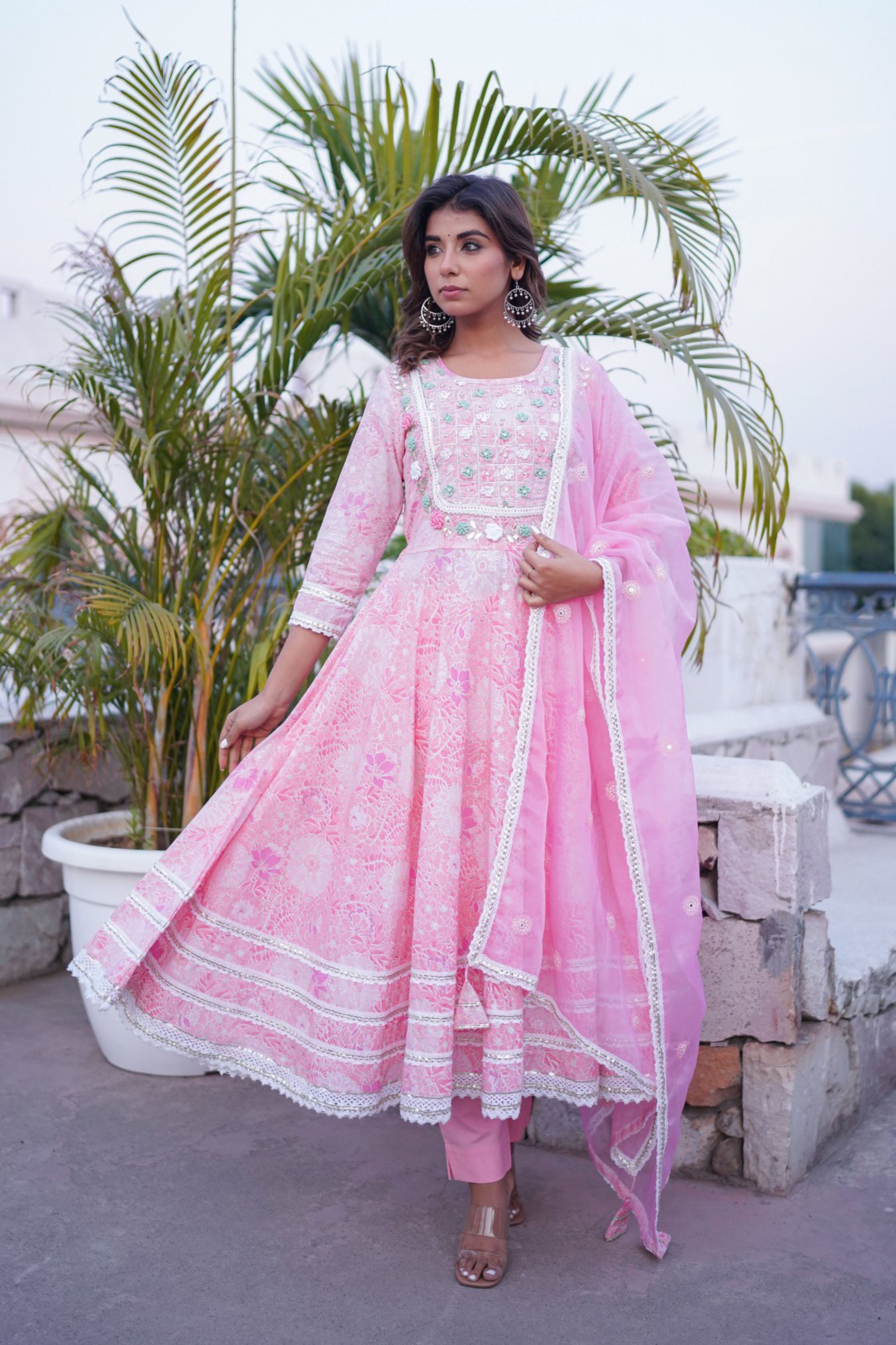 Pink Cotton Hand Work And Thred Work Round Neck Anarkali Kurta & Trouser With Dupatta