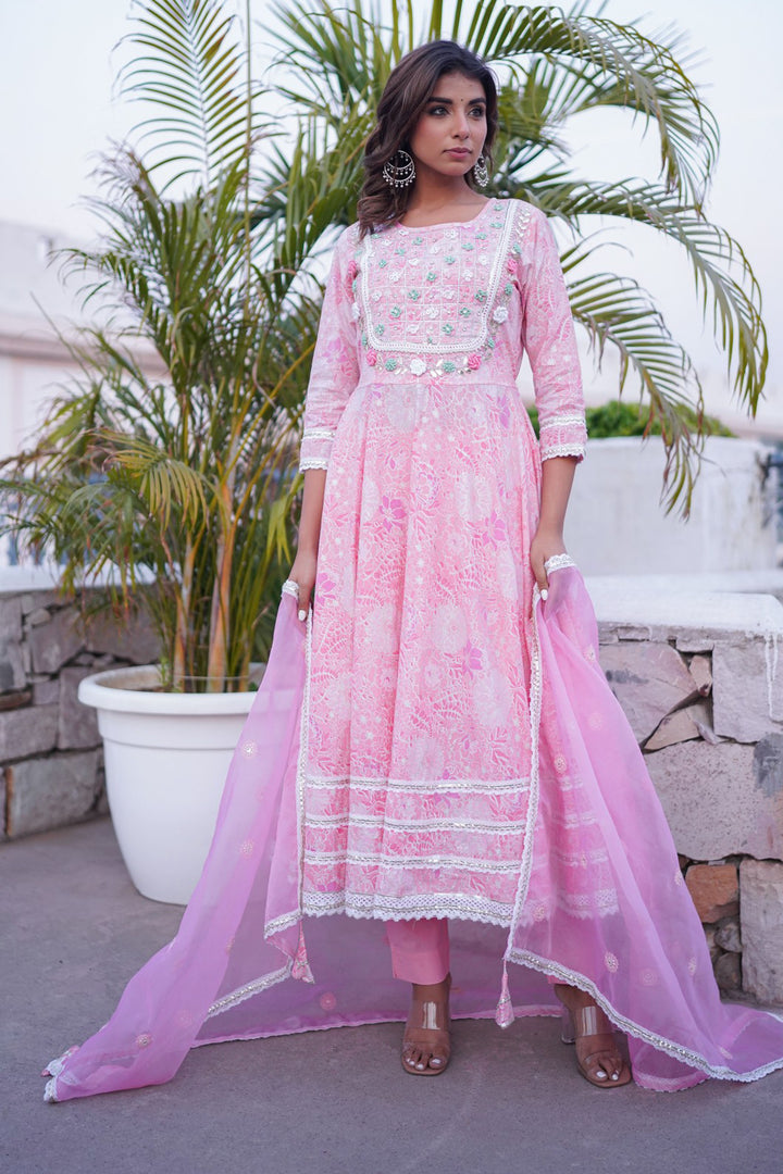 Pink Cotton Hand Work And Thred Work Round Neck Anarkali Kurta & Trouser With Dupatta