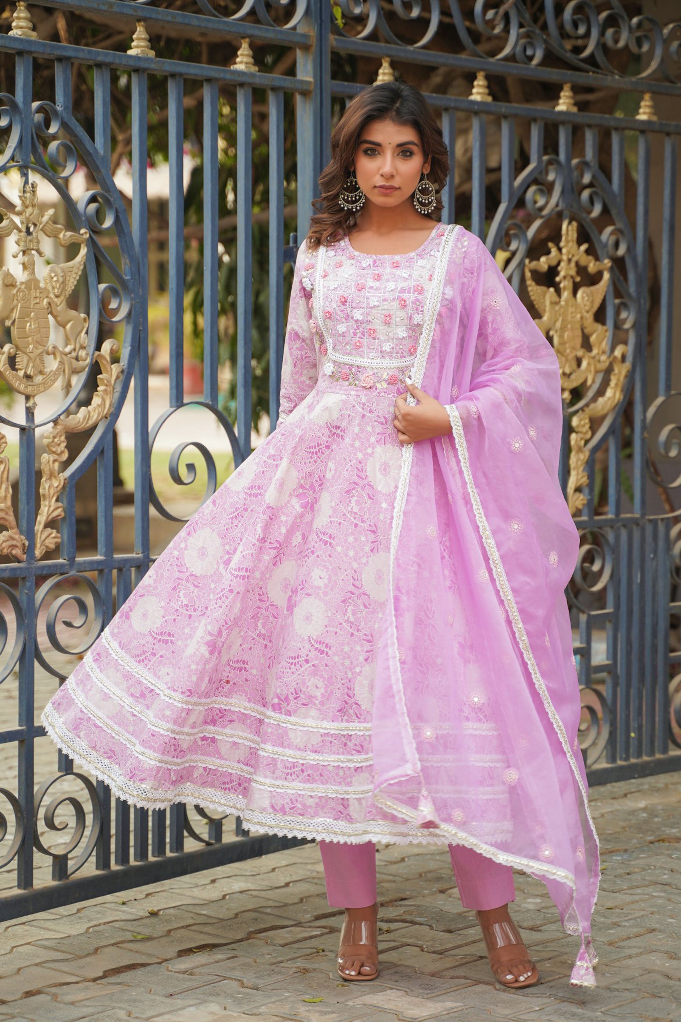 Purple Cotton Hand Work And Thred Work Round Neck Anarkali Kurta & Trouser With Dupatta