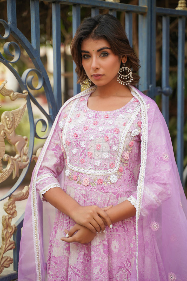 Purple Cotton Hand Work And Thred Work Round Neck Anarkali Kurta & Trouser With Dupatta