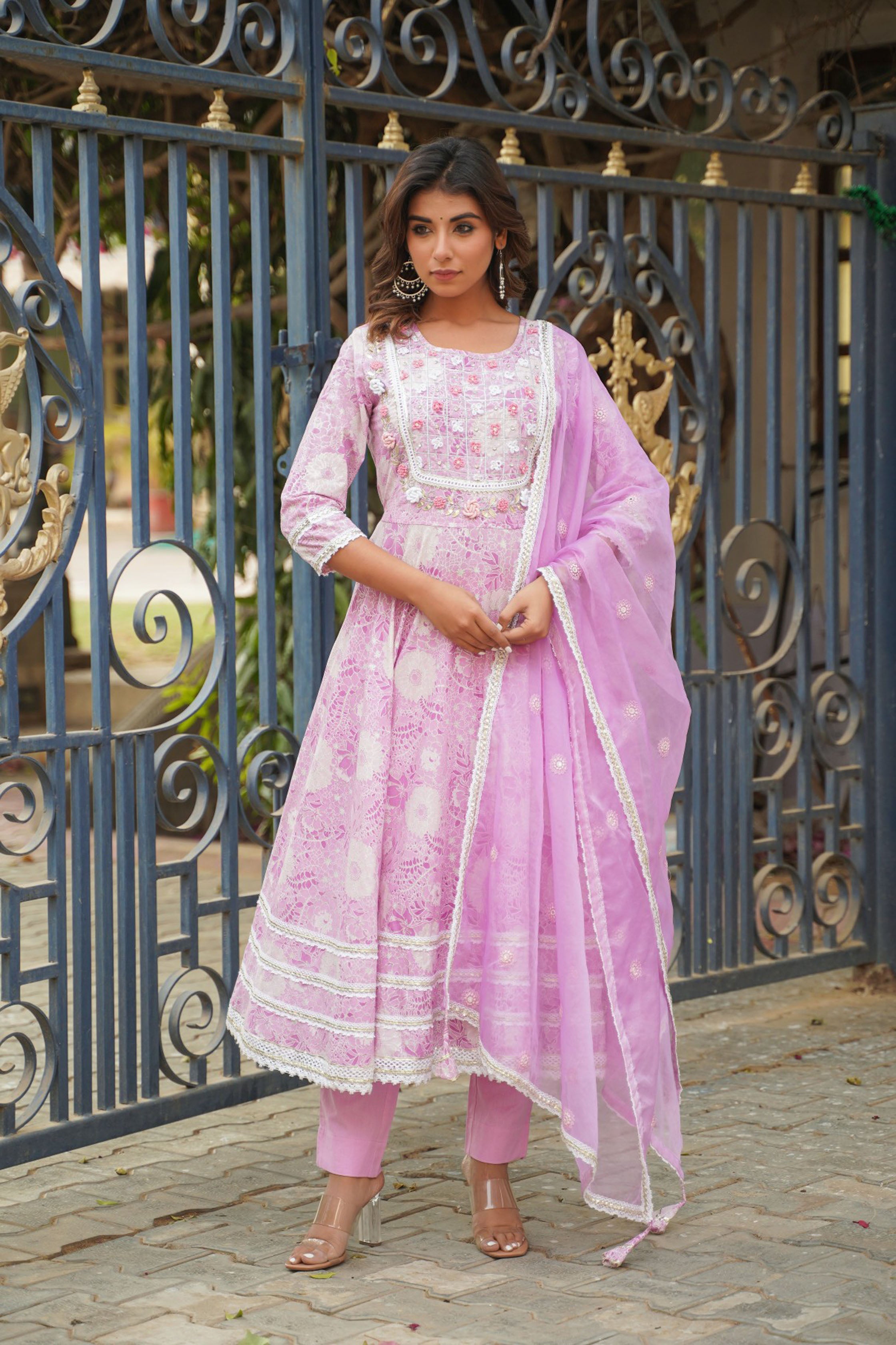 Purple Cotton Hand Work And Thred Work Round Neck Anarkali Kurta & Trouser With Dupatta