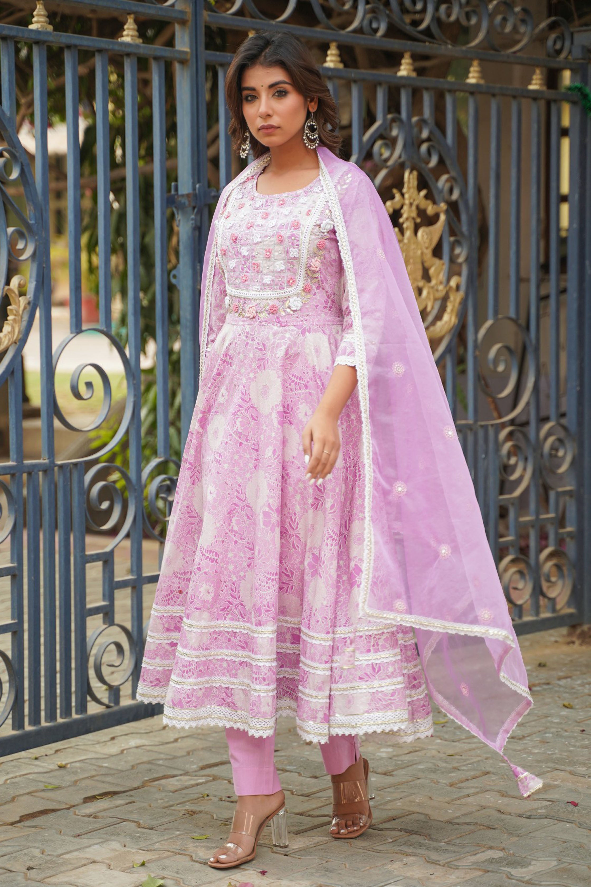 Purple Cotton Hand Work And Thred Work Round Neck Anarkali Kurta & Trouser With Dupatta