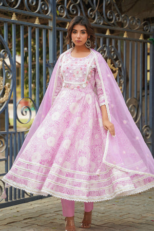 Aavanya Purple Cotton Hand Work And Thred Work Round Neck Anarkali Kurta & Trouser With Dupatta