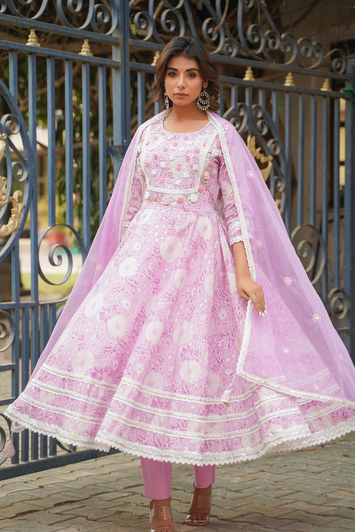 Aavanya Purple Cotton Hand Work And Thred Work Round Neck Anarkali Kurta & Trouser With Dupatta