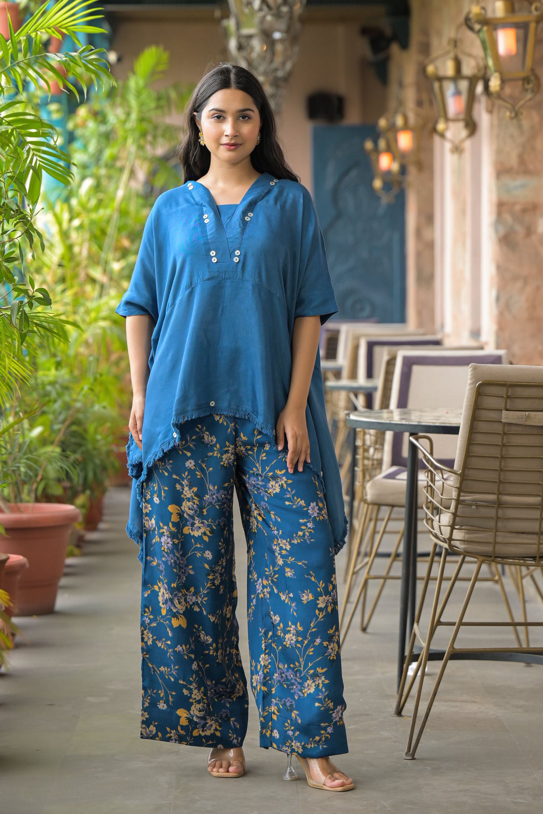 Blue Santoon & Chinon Square Neck Short Sleeves High-Low Tunic With Palazzo Co-Ords Set