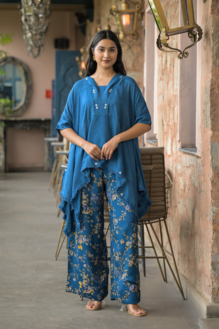 Aavanya Blue Santoon & Chinon Square Neck Short Sleeves High-Low Tunic With Palazzo Co-Ords Set