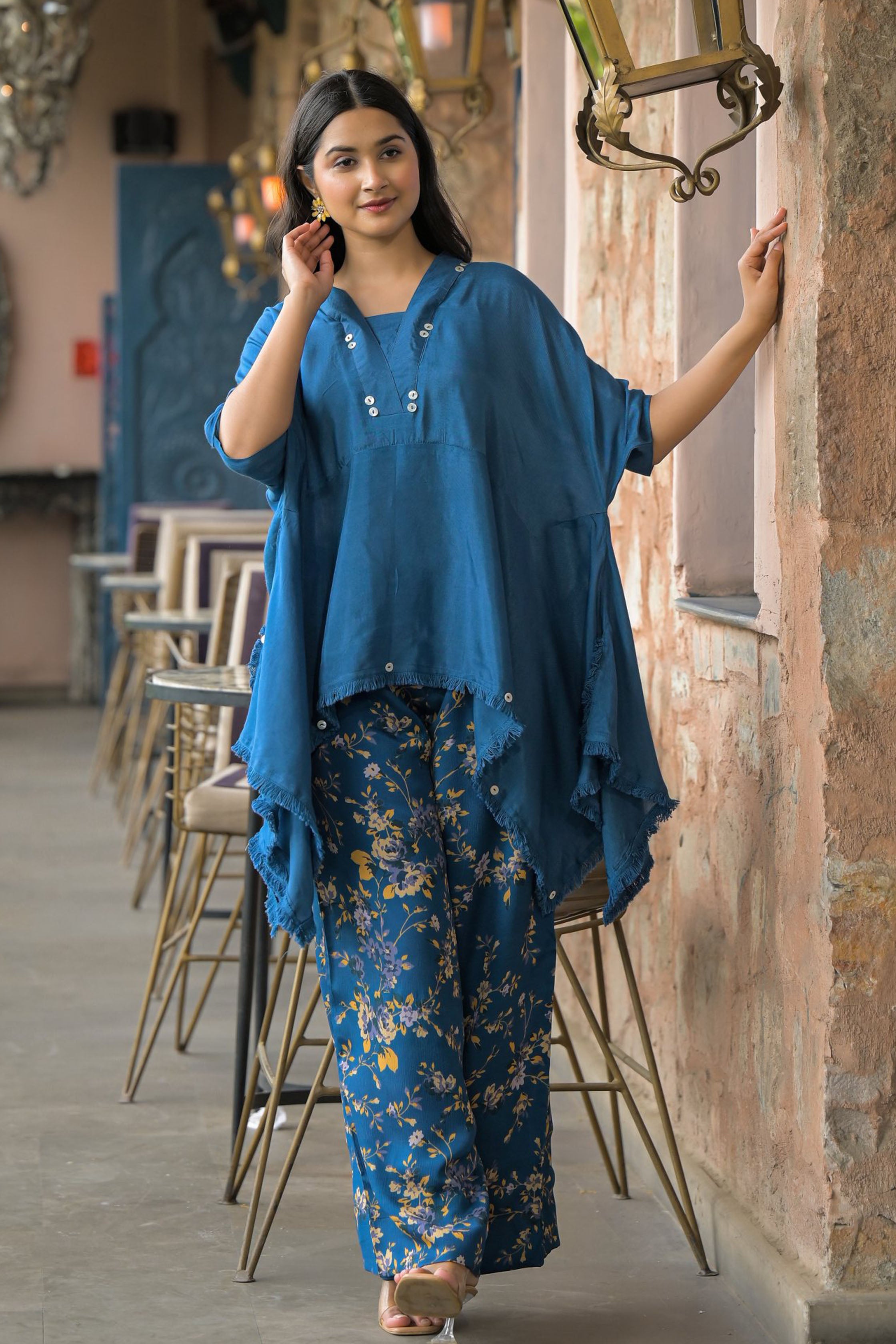 Blue Santoon & Chinon Square Neck Short Sleeves High-Low Tunic With Palazzo Co-Ords Set