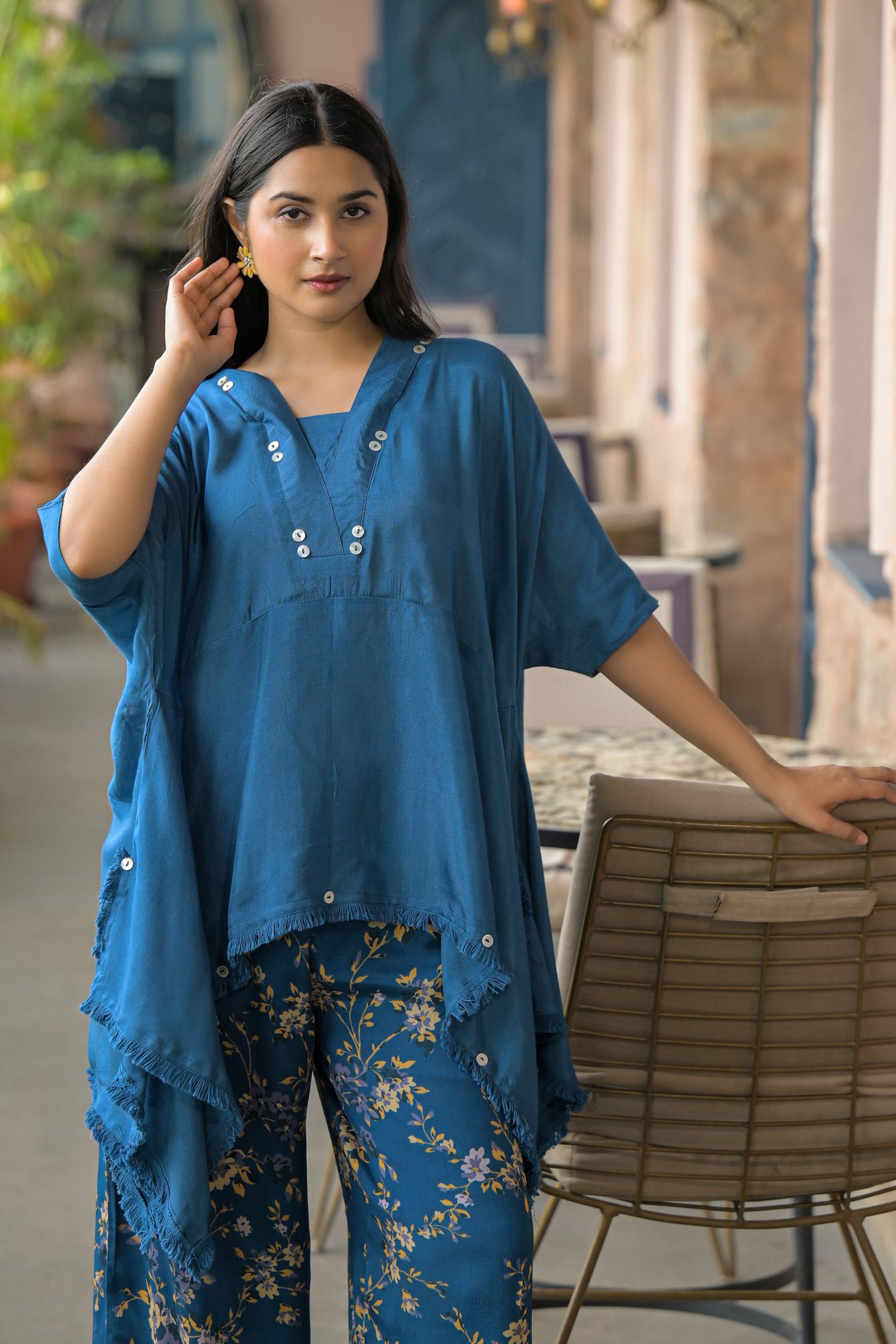 Blue Santoon & Chinon Square Neck Short Sleeves High-Low Tunic With Palazzo Co-Ords Set