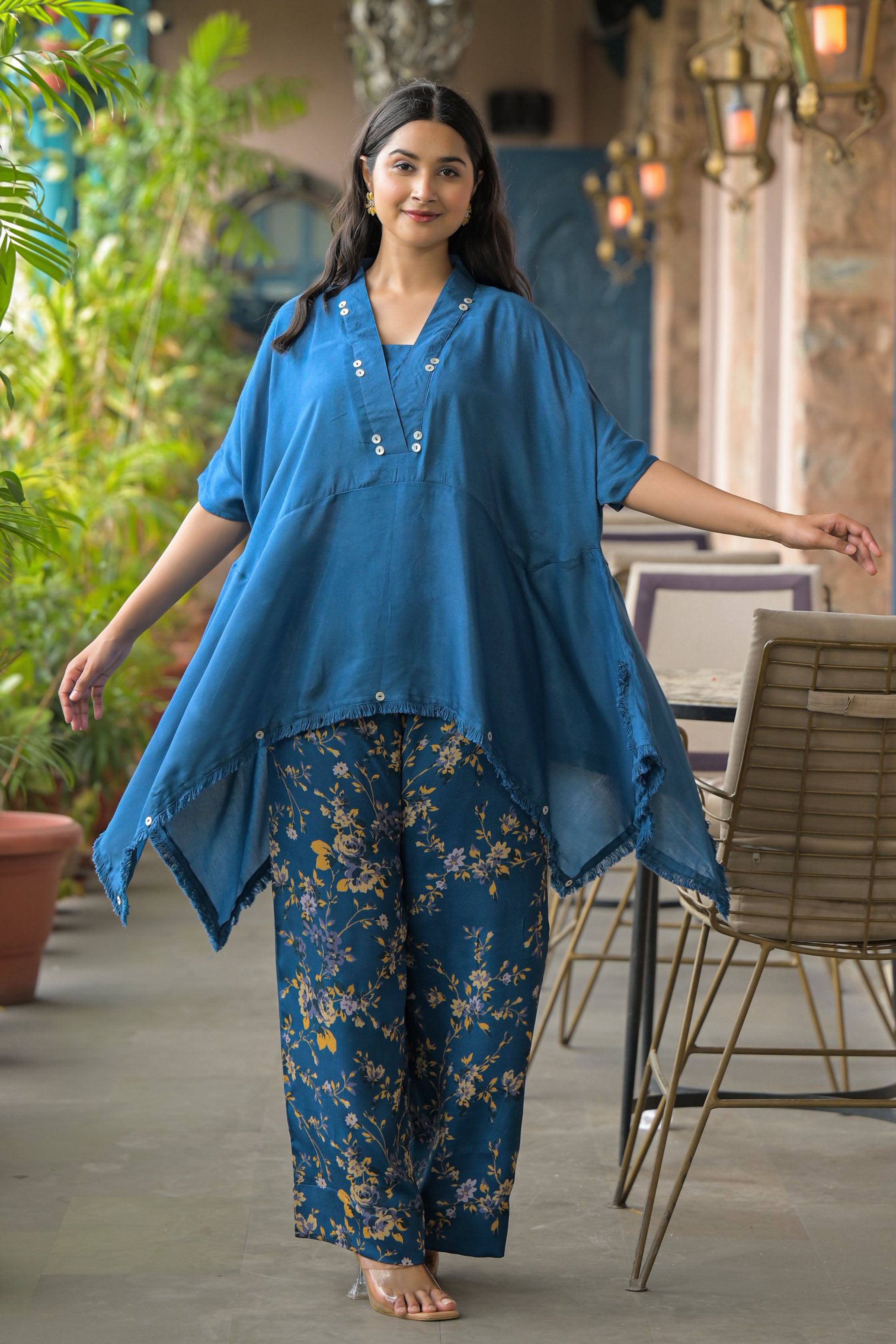 Blue Santoon & Chinon Square Neck Short Sleeves High-Low Tunic With Palazzo Co-Ords Set