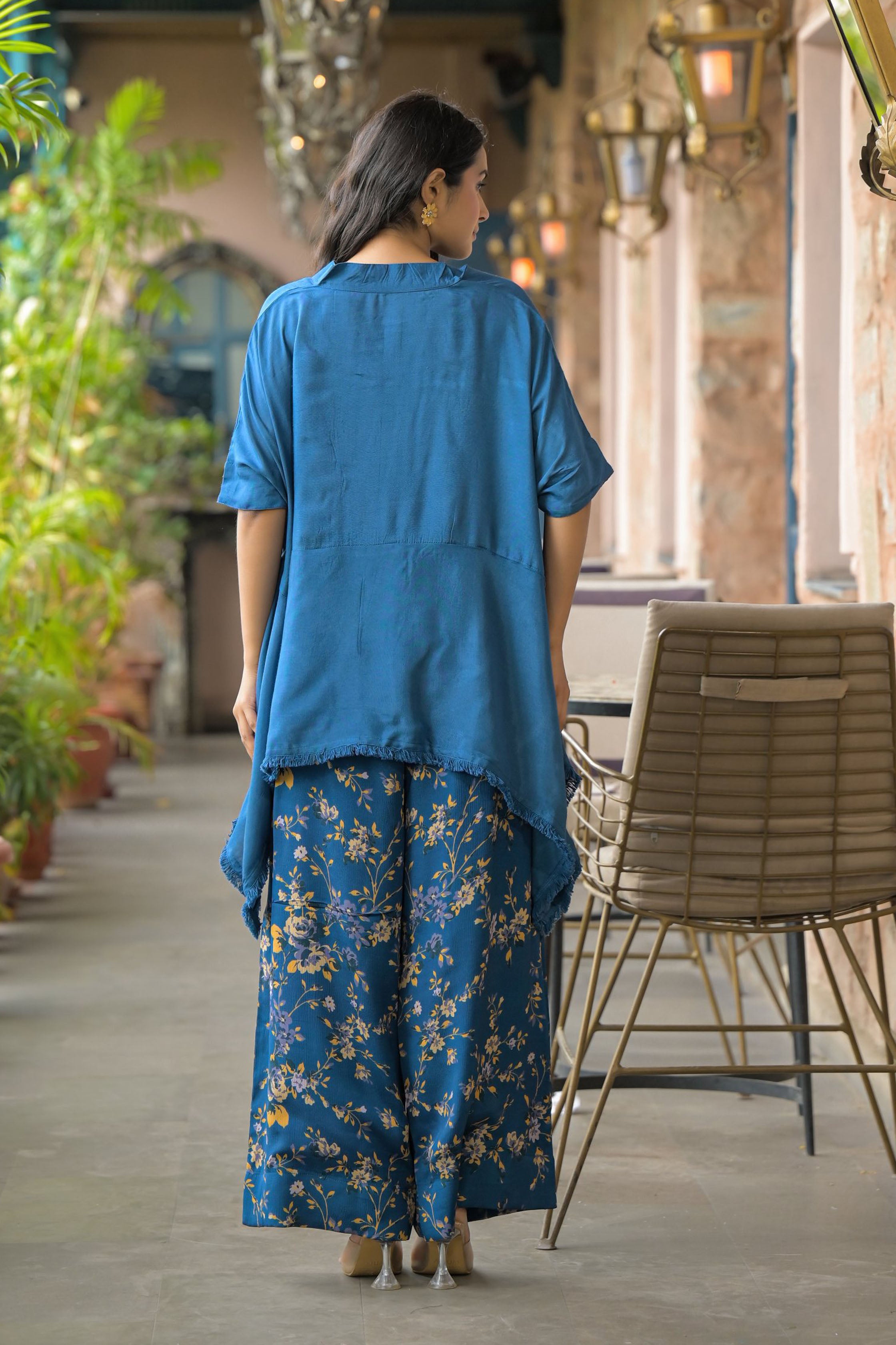 Blue Santoon & Chinon Square Neck Short Sleeves High-Low Tunic With Palazzo Co-Ords Set