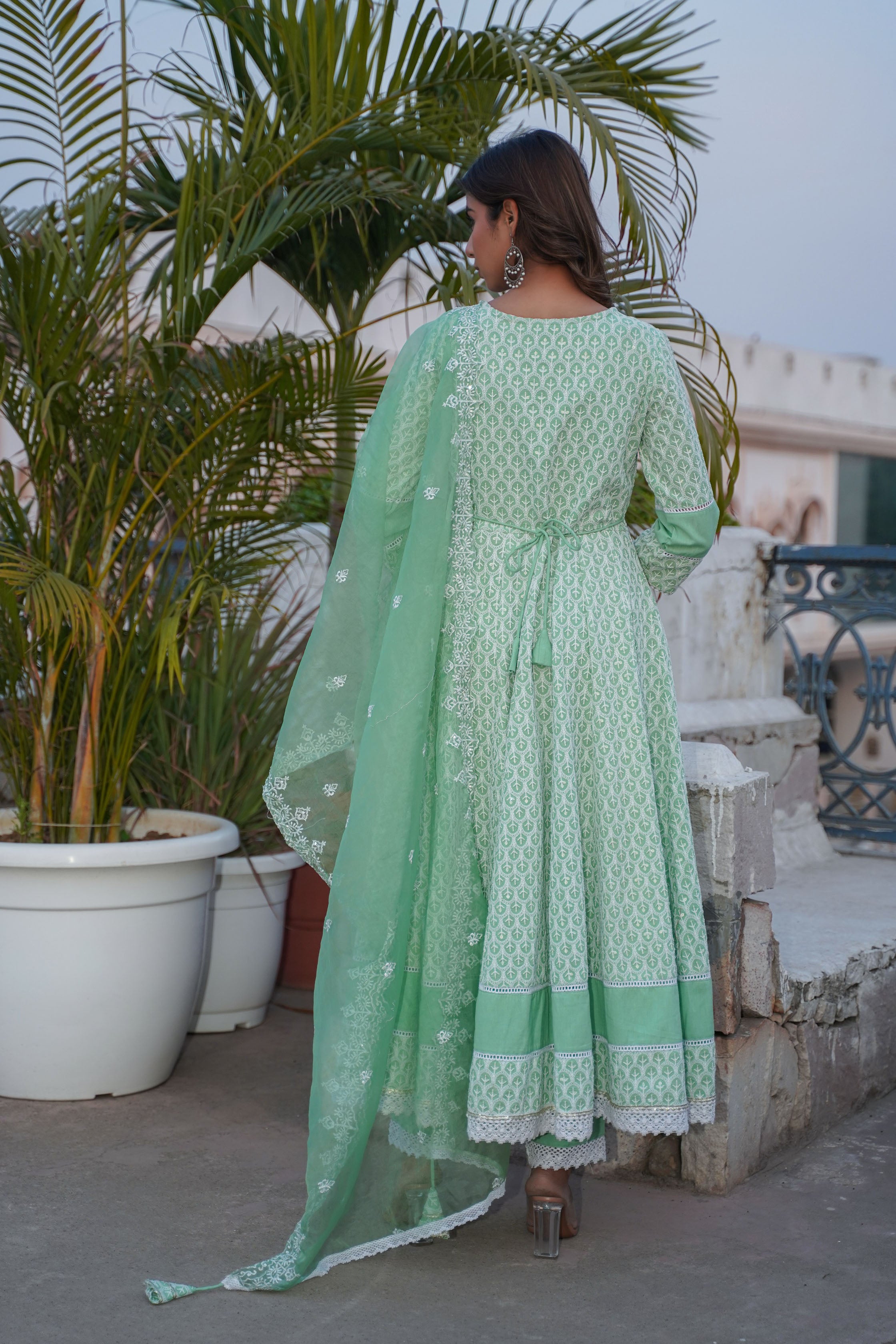 Green Cotton Angrakha Anarkali V-Neck Thread Work Kurta and Trouser with Duaptta