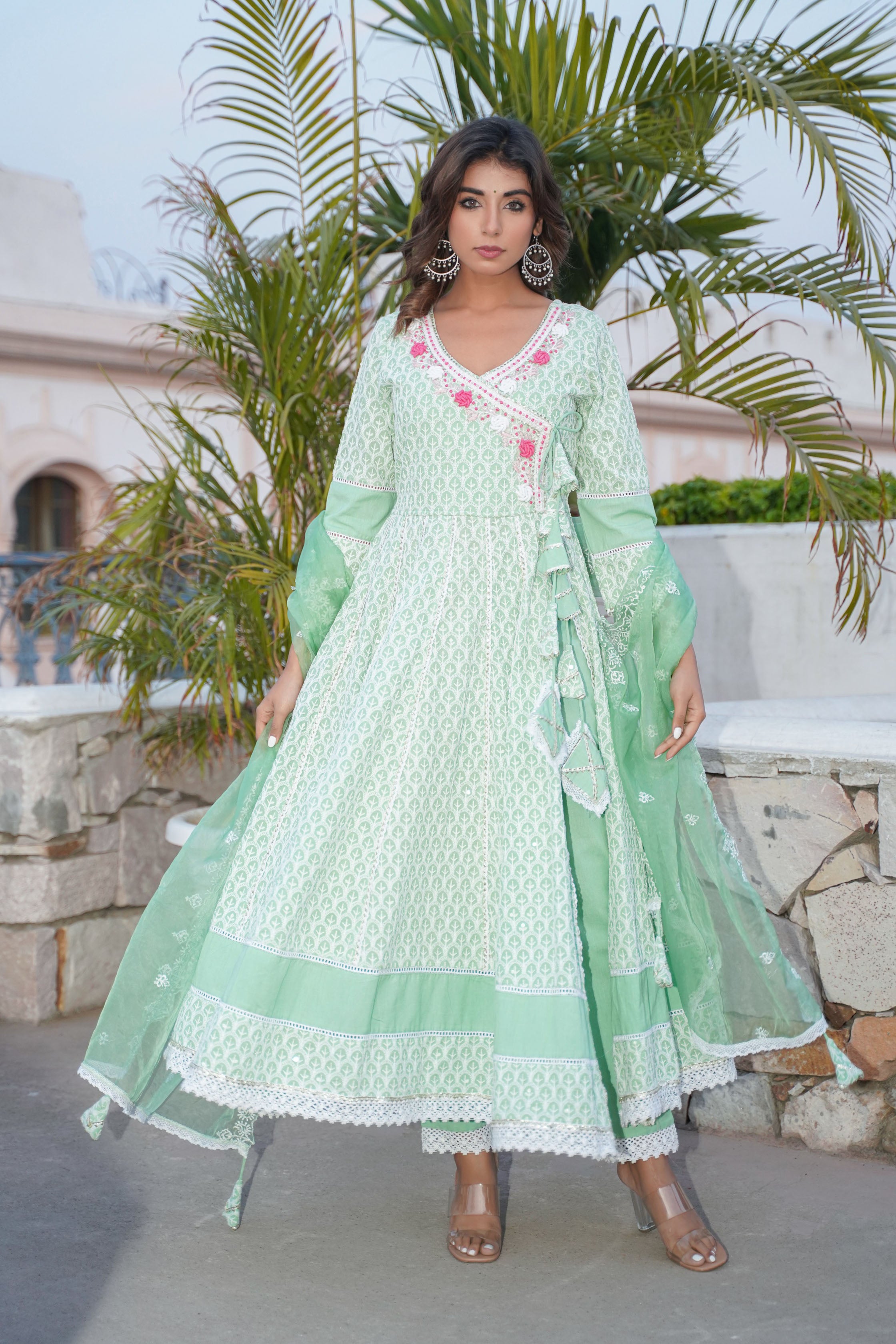 Green Cotton Angrakha Anarkali V-Neck Thread Work Kurta and Trouser with Duaptta