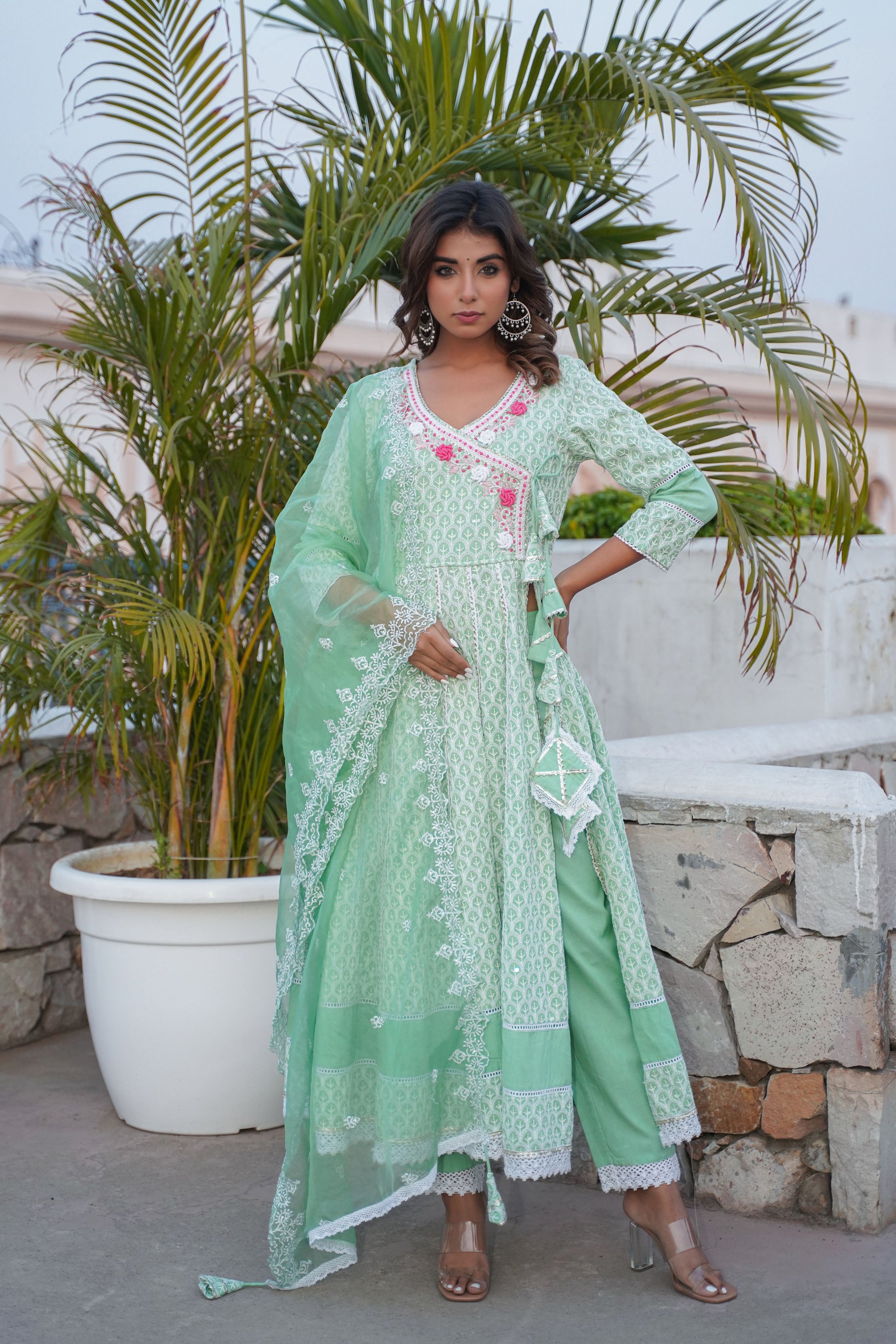 Aavanya Green Cotton Angrakha Anarkali V-Neck Thread Work Kurta and Trouser with Duaptta