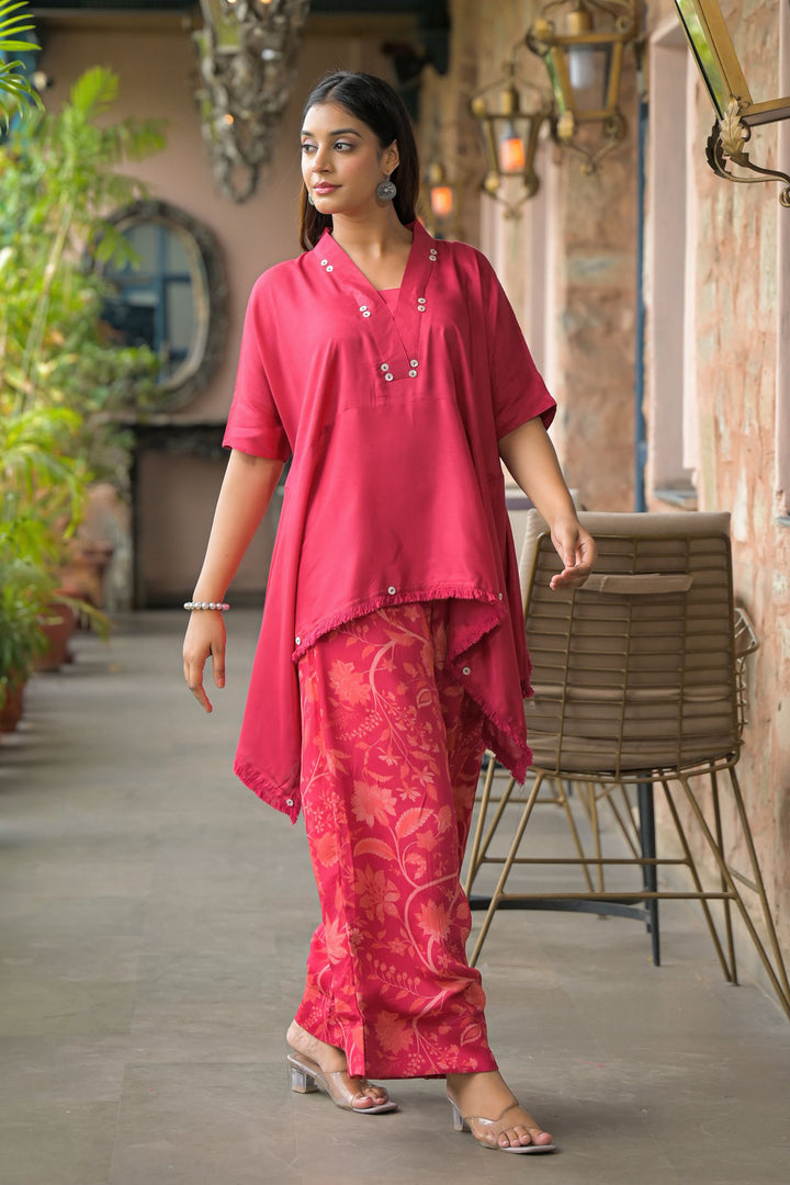 Aavanya Maroon santoon & Chinon Square Neck Short Sleeves High-Low Tunic With Palazzo Co-Ords Set