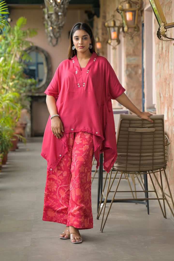 Maroon santoon & Chinon Square Neck Short Sleeves High-Low Tunic With Palazzo Co-Ords Set