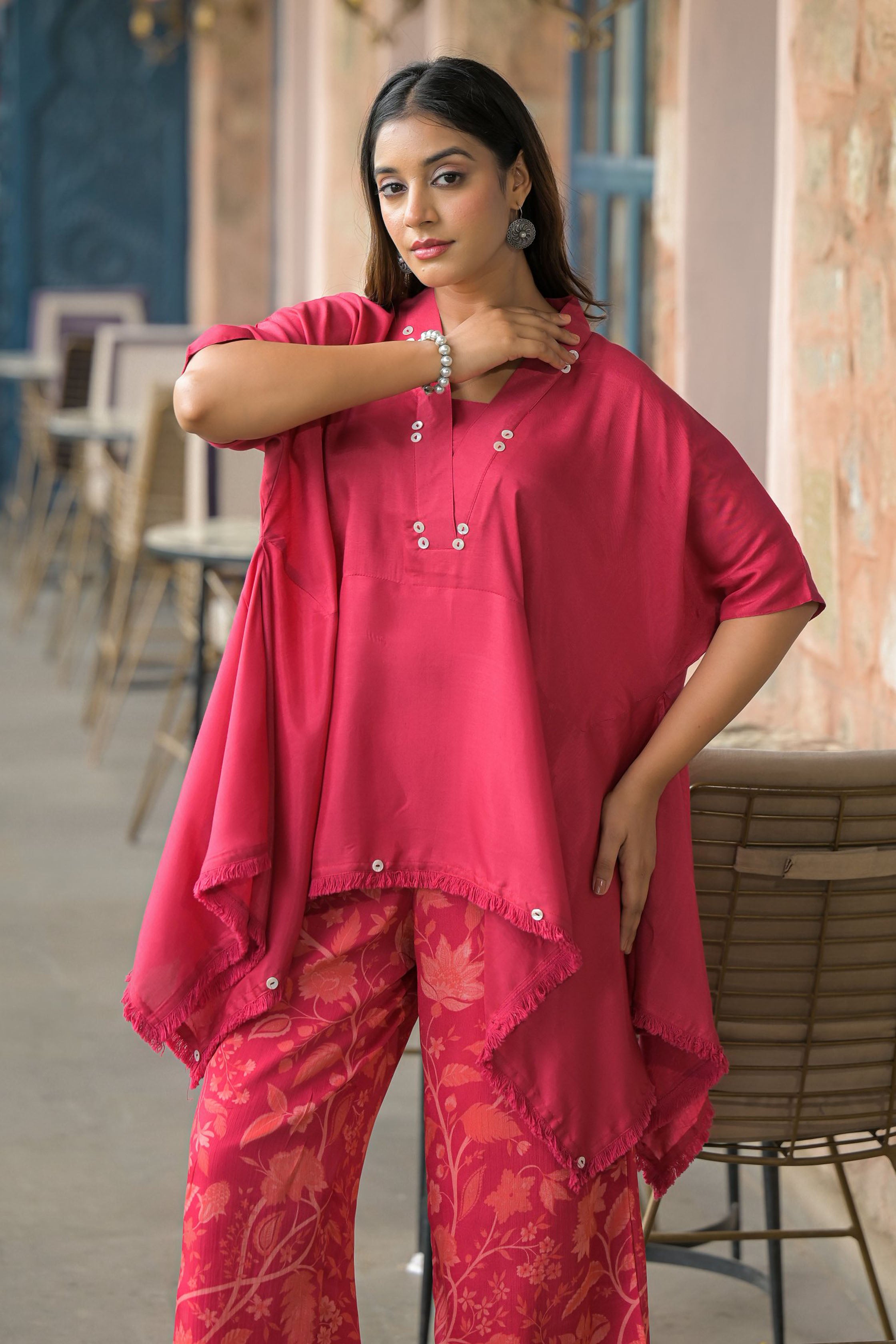 Maroon santoon & Chinon Square Neck Short Sleeves High-Low Tunic With Palazzo Co-Ords Set