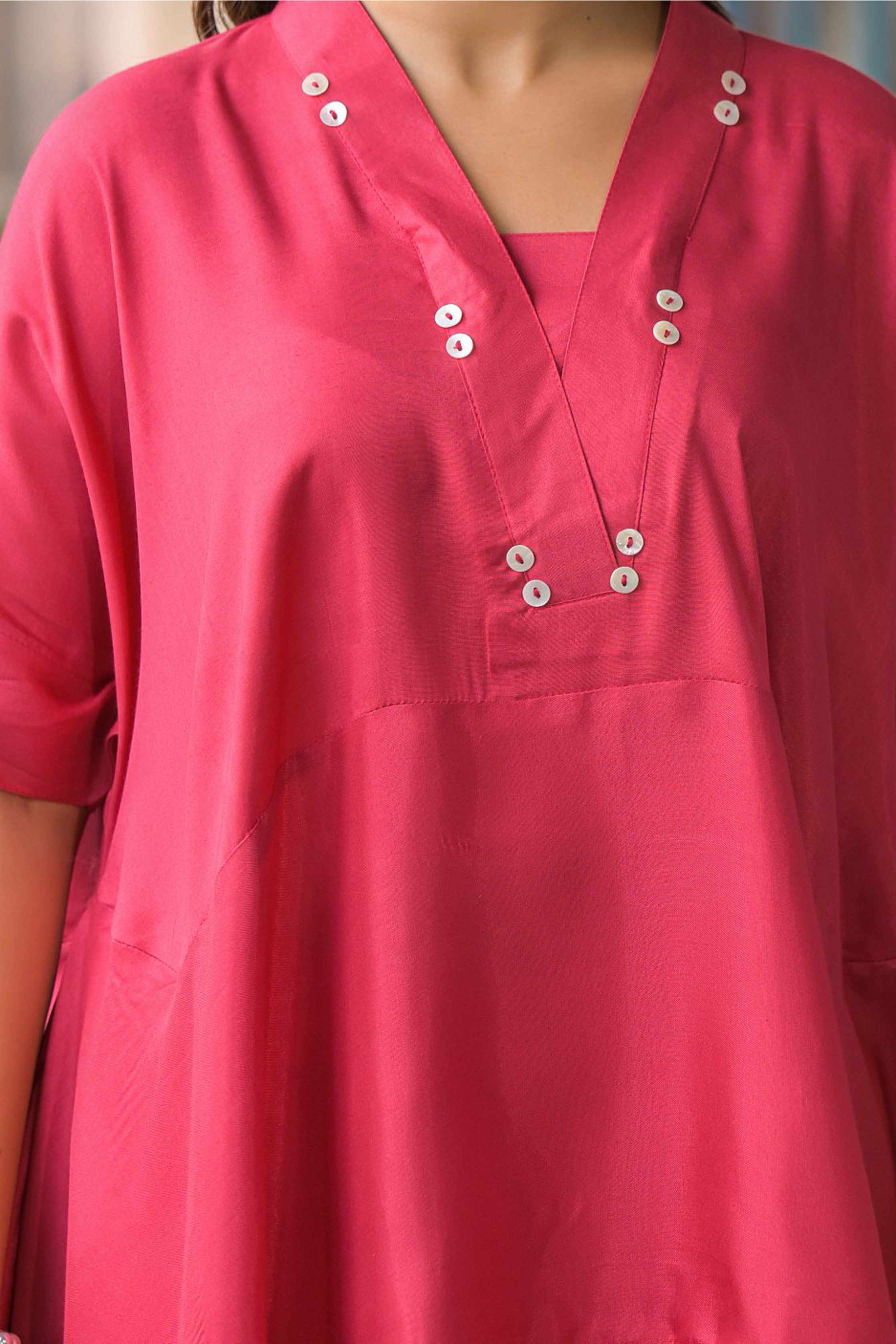 Maroon santoon & Chinon Square Neck Short Sleeves High-Low Tunic With Palazzo Co-Ords Set