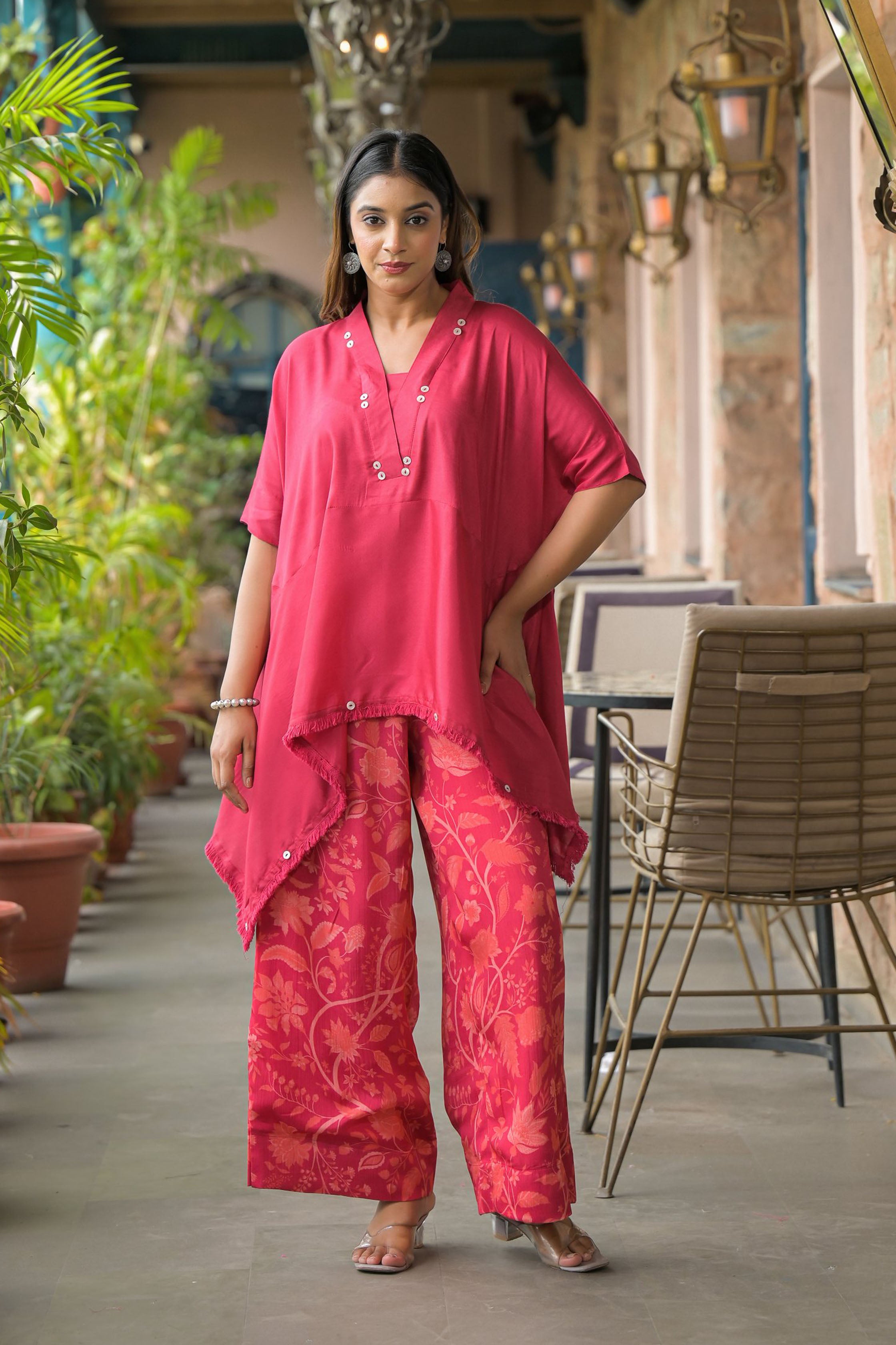 Maroon santoon & Chinon Square Neck Short Sleeves High-Low Tunic With Palazzo Co-Ords Set