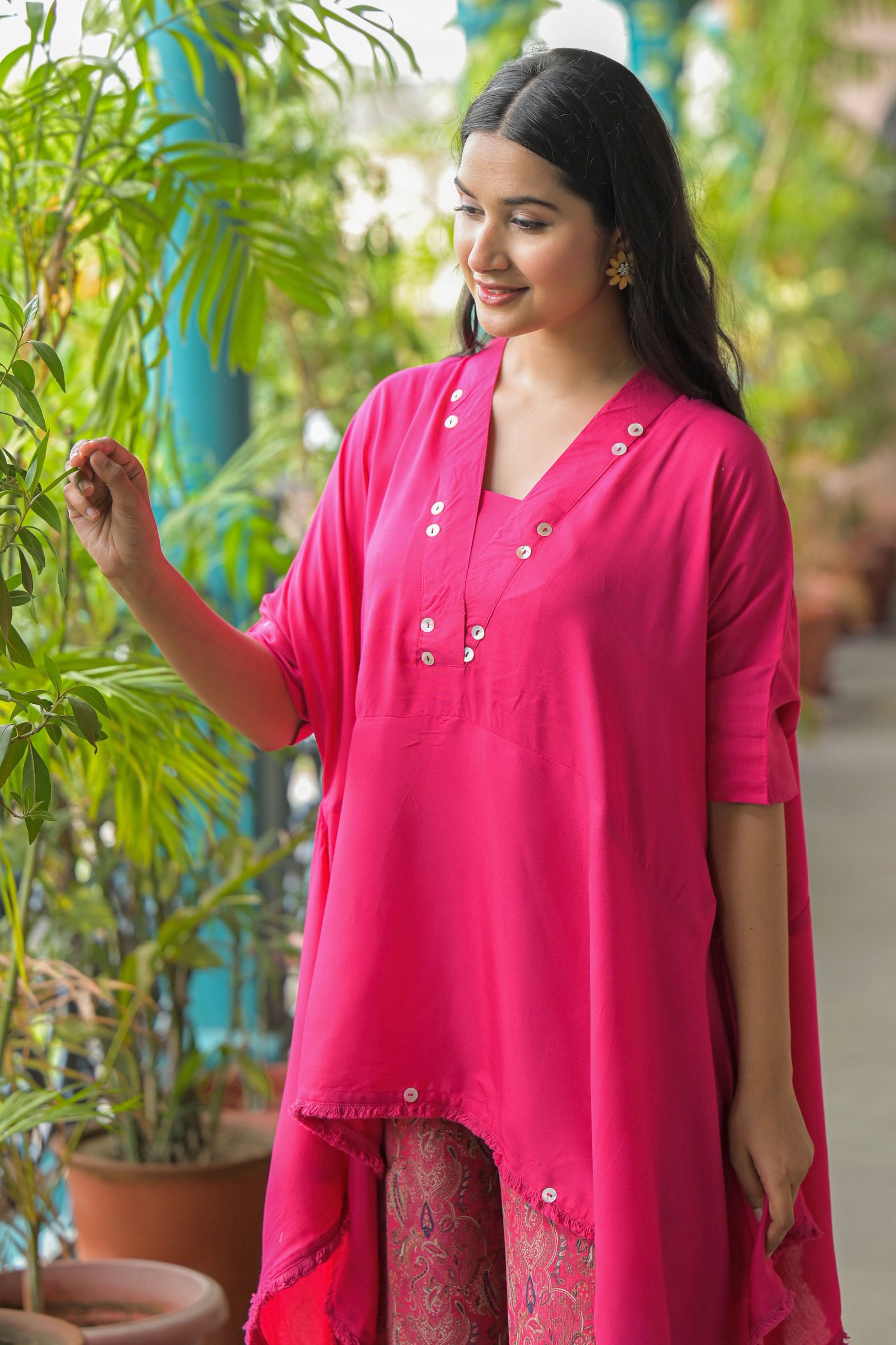 Pink Cotton Angrakha Anarkali V-Neck Thread Work Kurta and Trouser with Duaptta