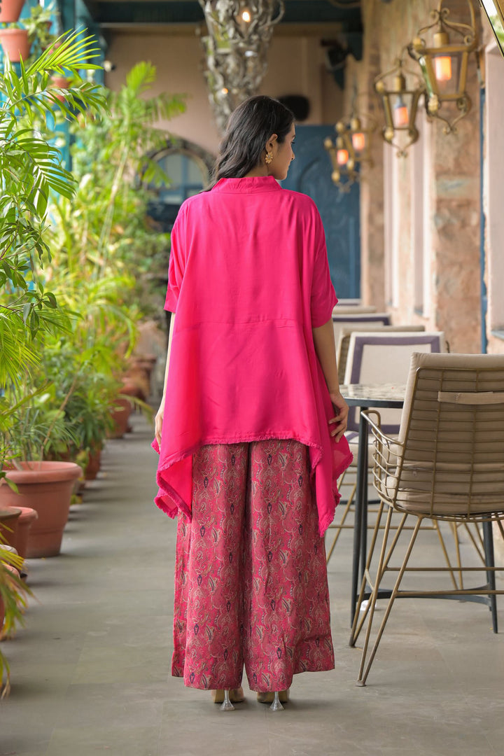 Pink Cotton Angrakha Anarkali V-Neck Thread Work Kurta and Trouser with Duaptta
