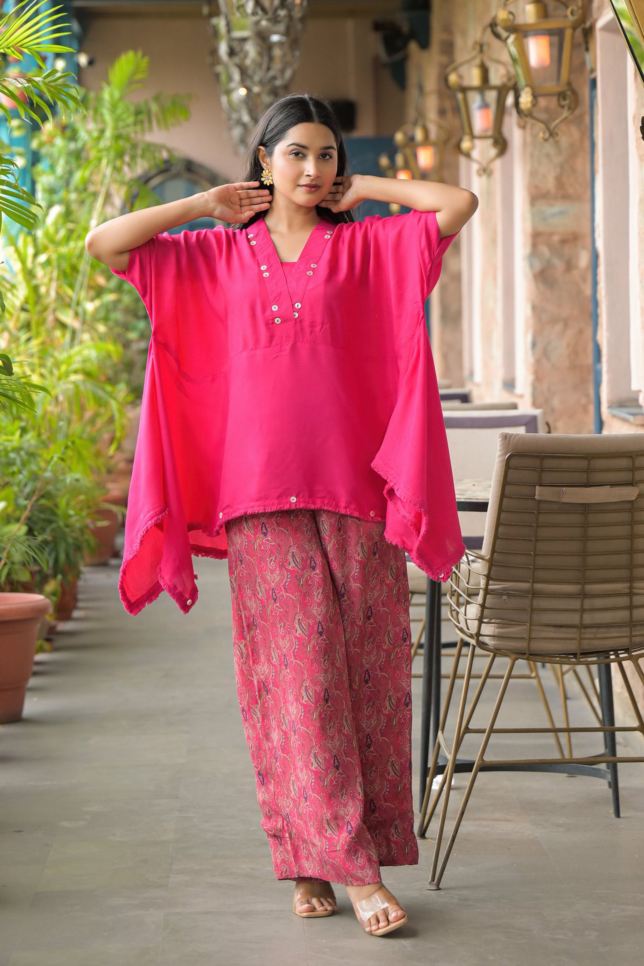 Pink Cotton Angrakha Anarkali V-Neck Thread Work Kurta and Trouser with Duaptta