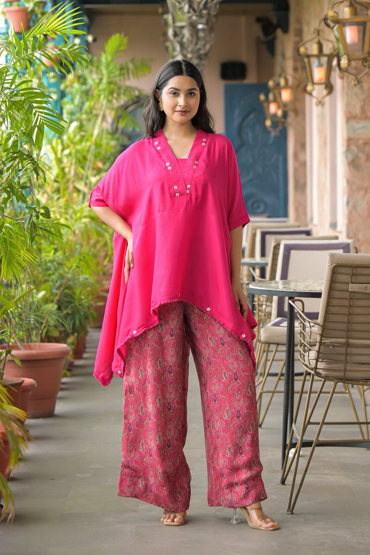 Aavanya Pink santoon & Chinon Square Neck Short Sleeves High-Low Tunic With Palazzo Co-Ords Set