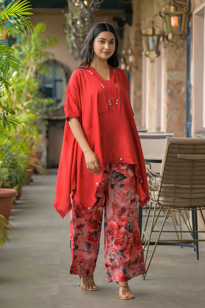 Aavanya Red santoon & Chinon Square Neck Short Sleeves High-Low Tunic With Palazzo Co-Ords Set