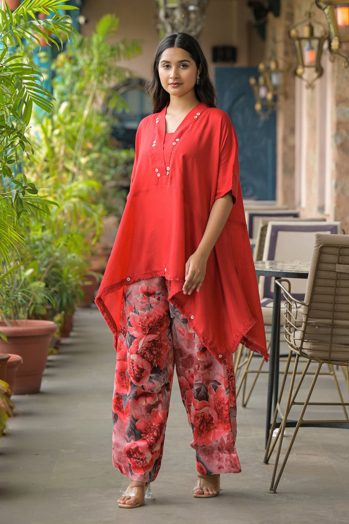 Red santoon & Chinon Square Neck Short Sleeves High-Low Tunic With Palazzo Co-Ords Set