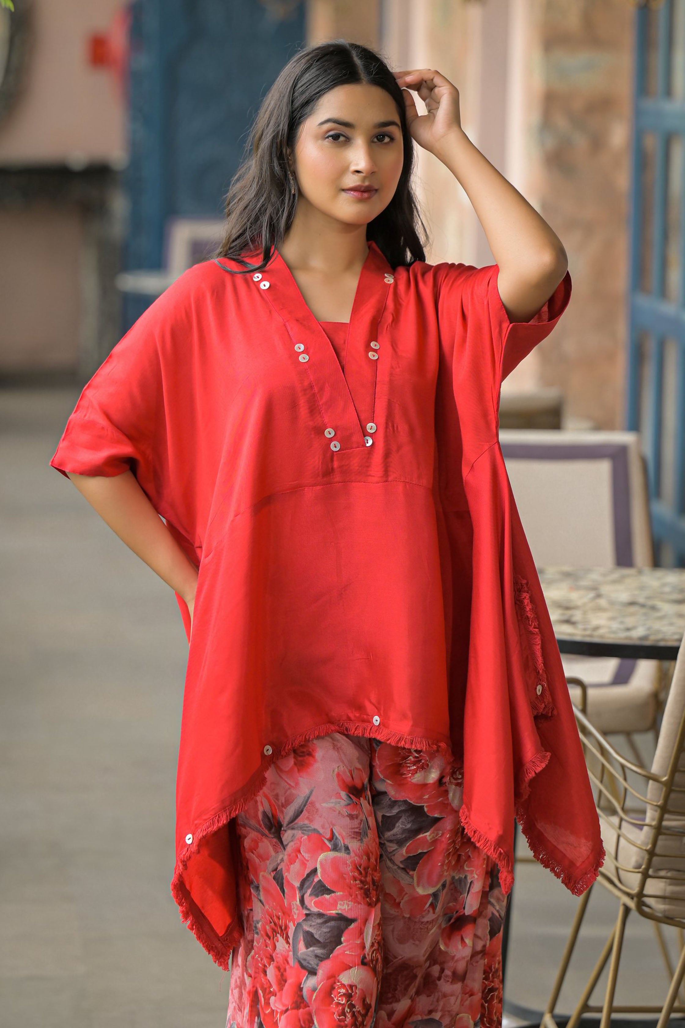 Red santoon & Chinon Square Neck Short Sleeves High-Low Tunic With Palazzo Co-Ords Set