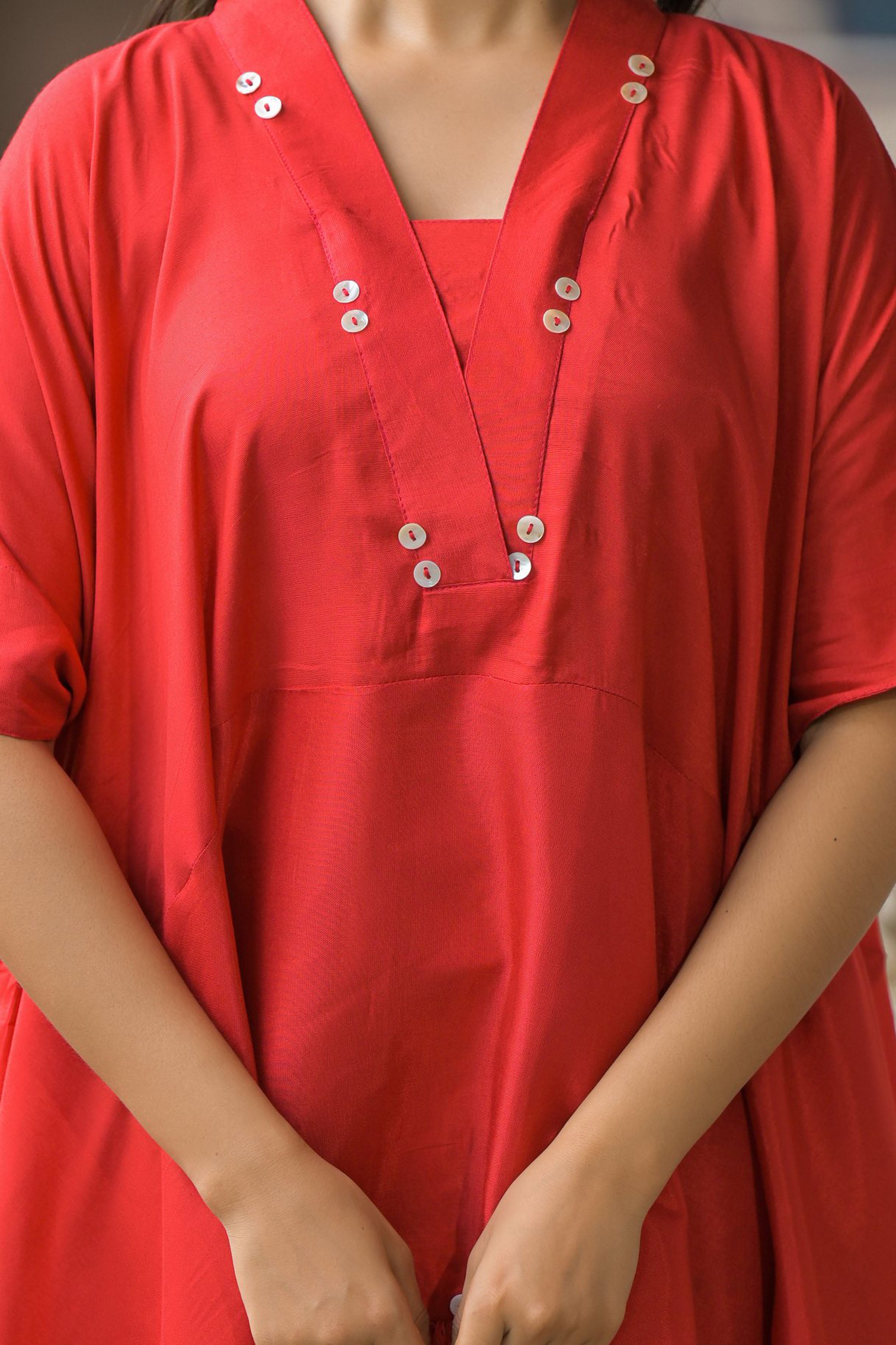 Red santoon & Chinon Square Neck Short Sleeves High-Low Tunic With Palazzo Co-Ords Set