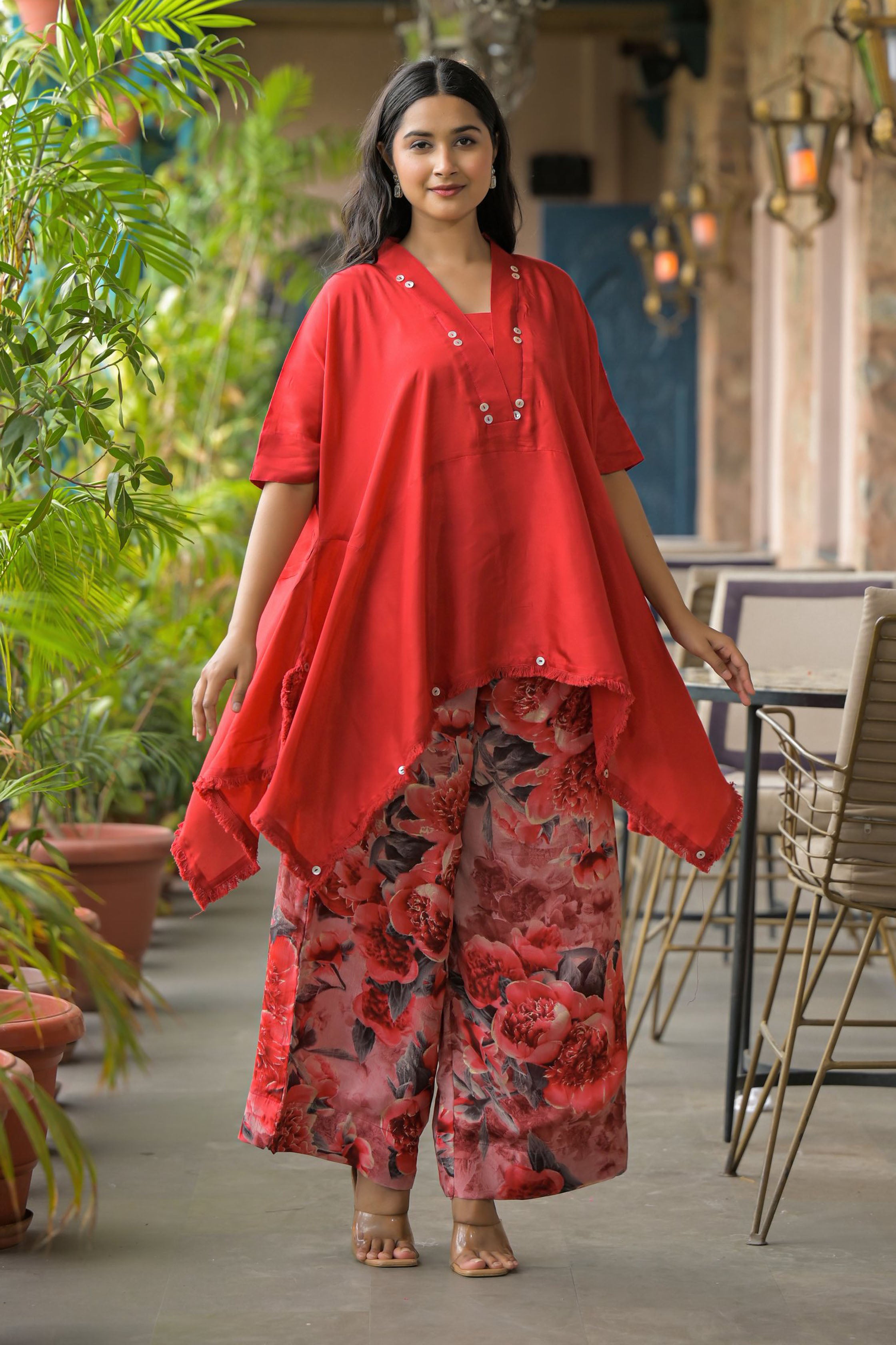 Red santoon & Chinon Square Neck Short Sleeves High-Low Tunic With Palazzo Co-Ords Set