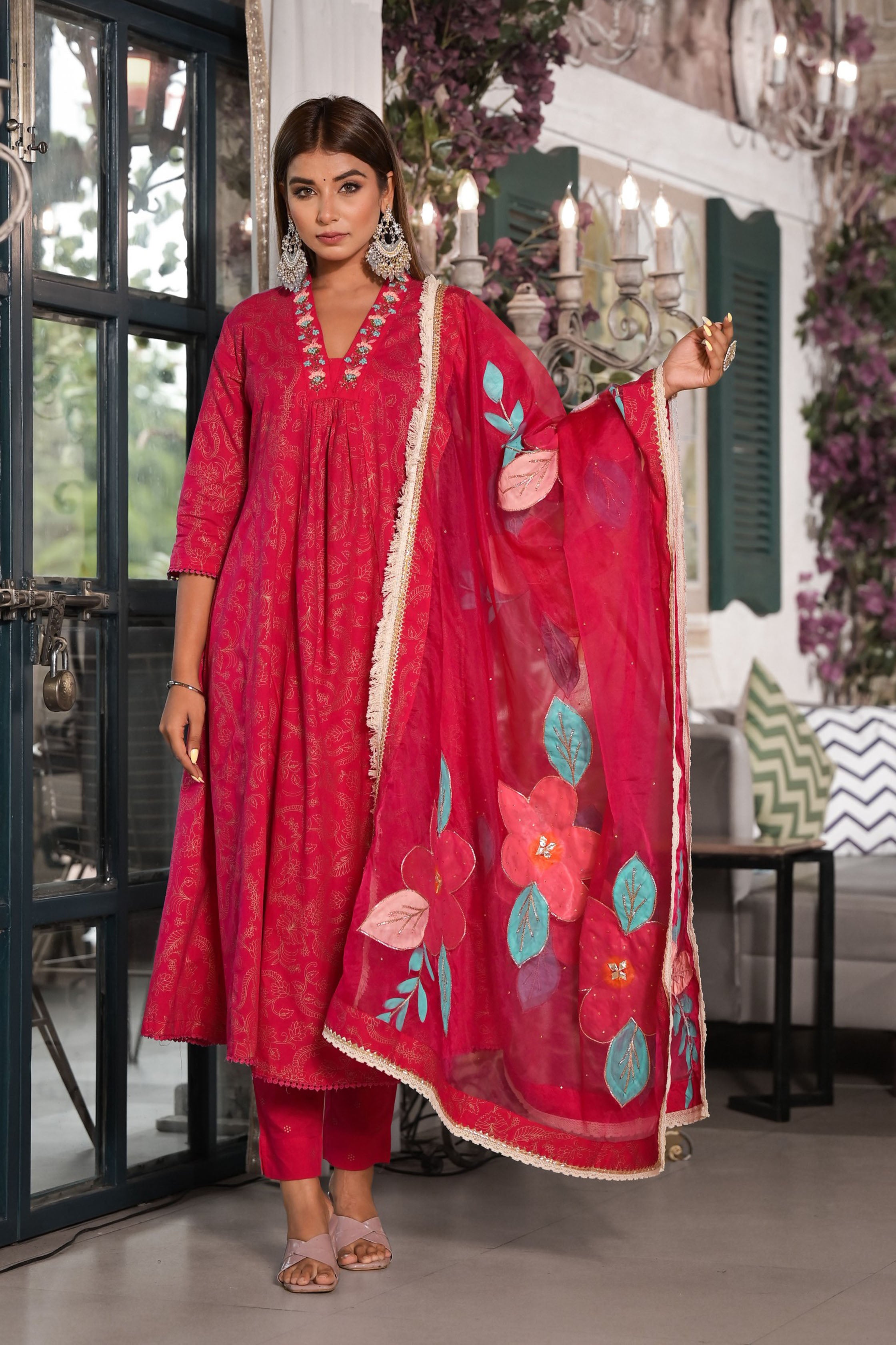Maroon Cotton A-Line V-Neck Thread Work Kurta & Trouser With Dupatta