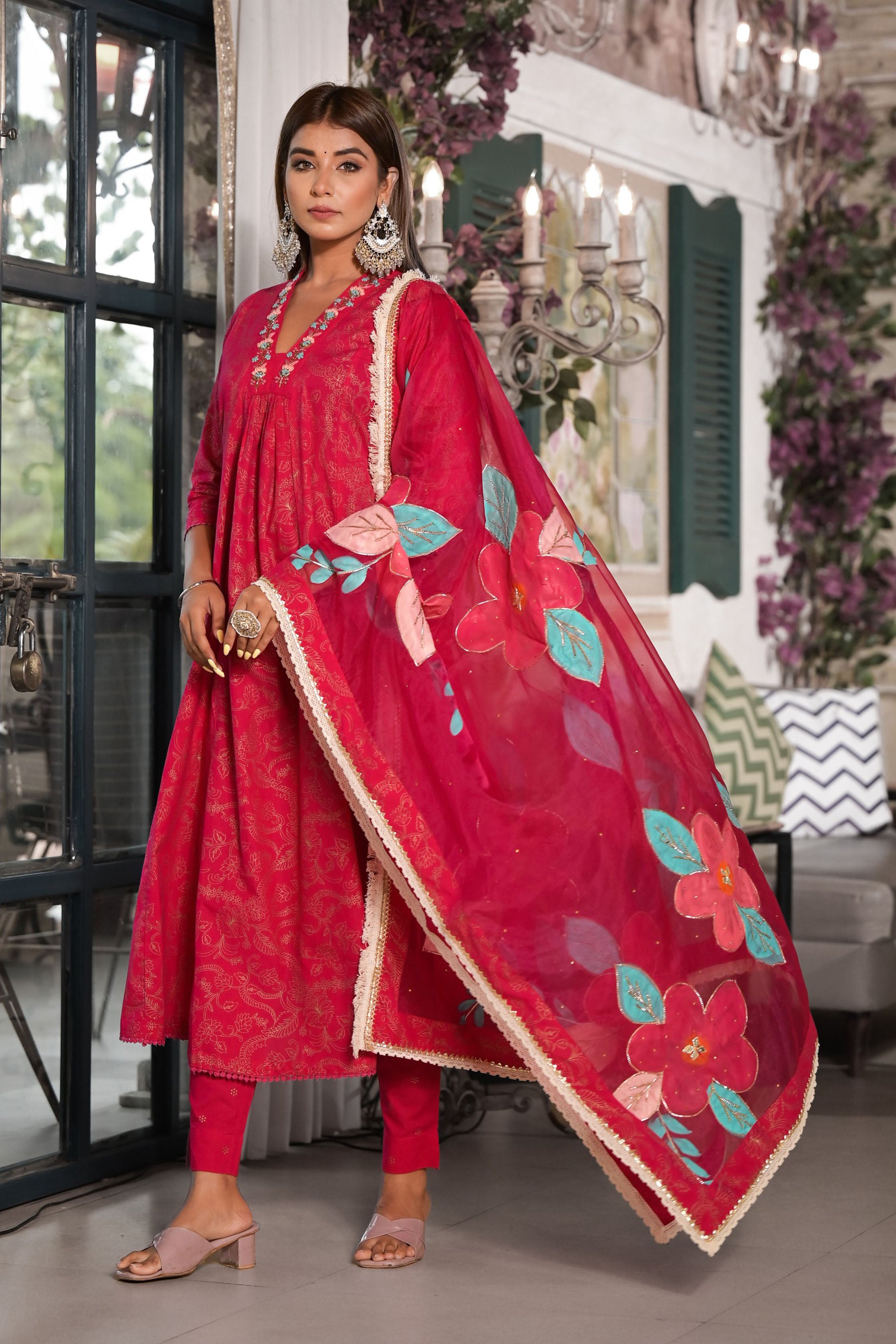 Maroon Cotton A-Line V-Neck Thread Work Kurta & Trouser With Dupatta