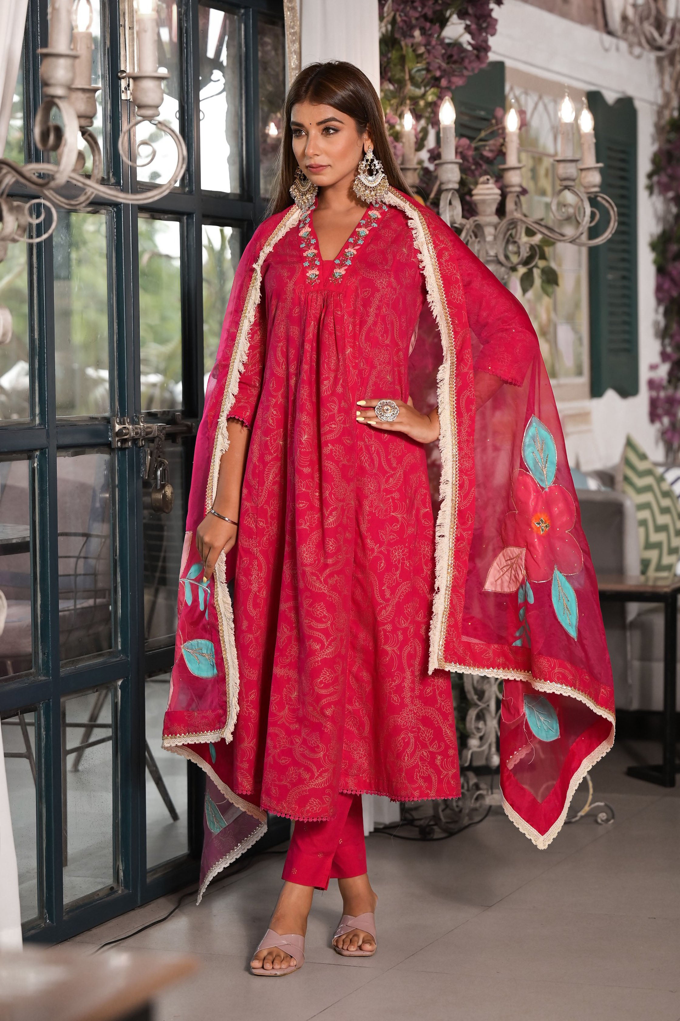 Maroon Cotton A-Line V-Neck Thread Work Kurta & Trouser With Dupatta