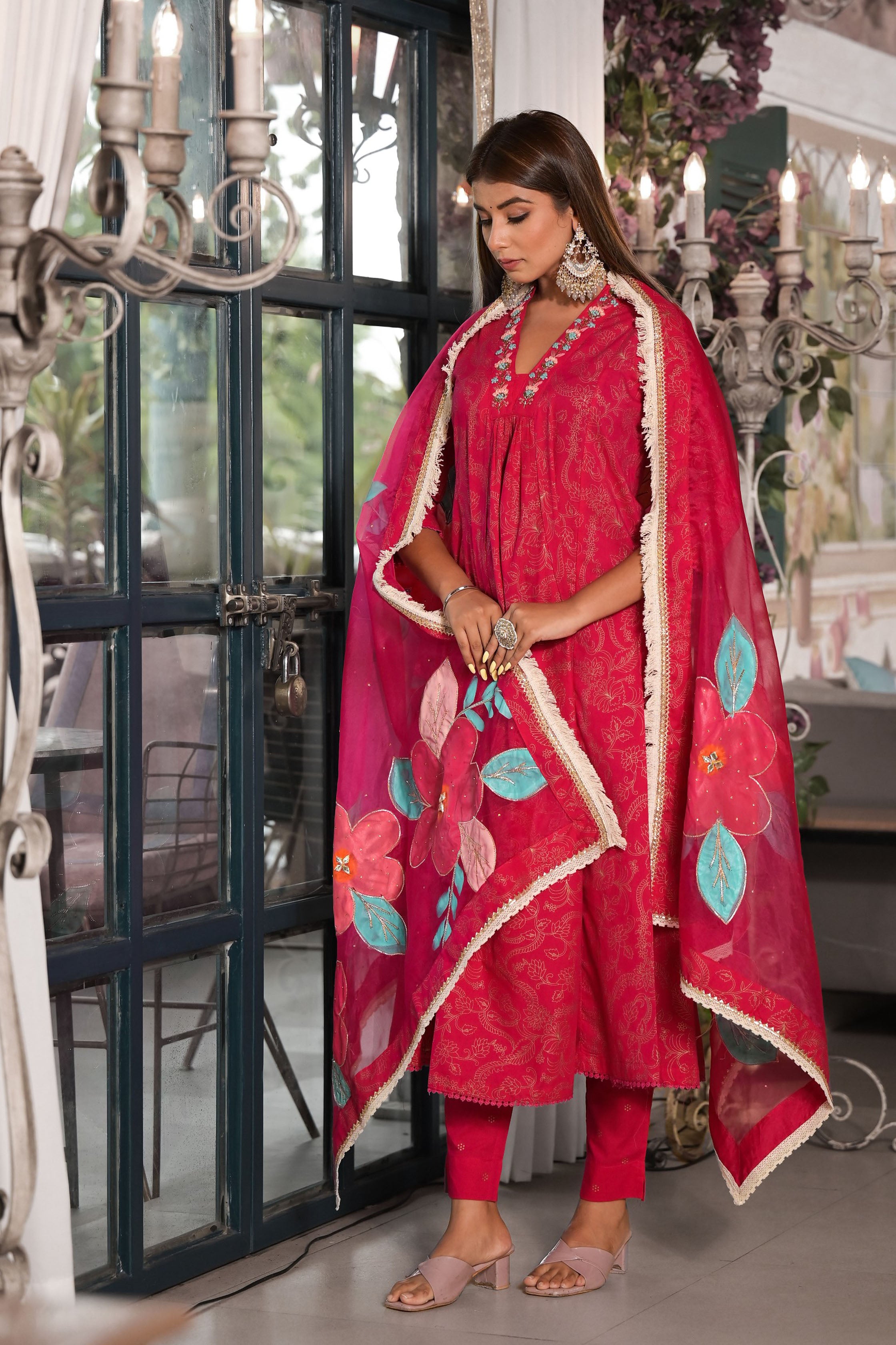 Maroon Cotton A-Line V-Neck Thread Work Kurta & Trouser With Dupatta