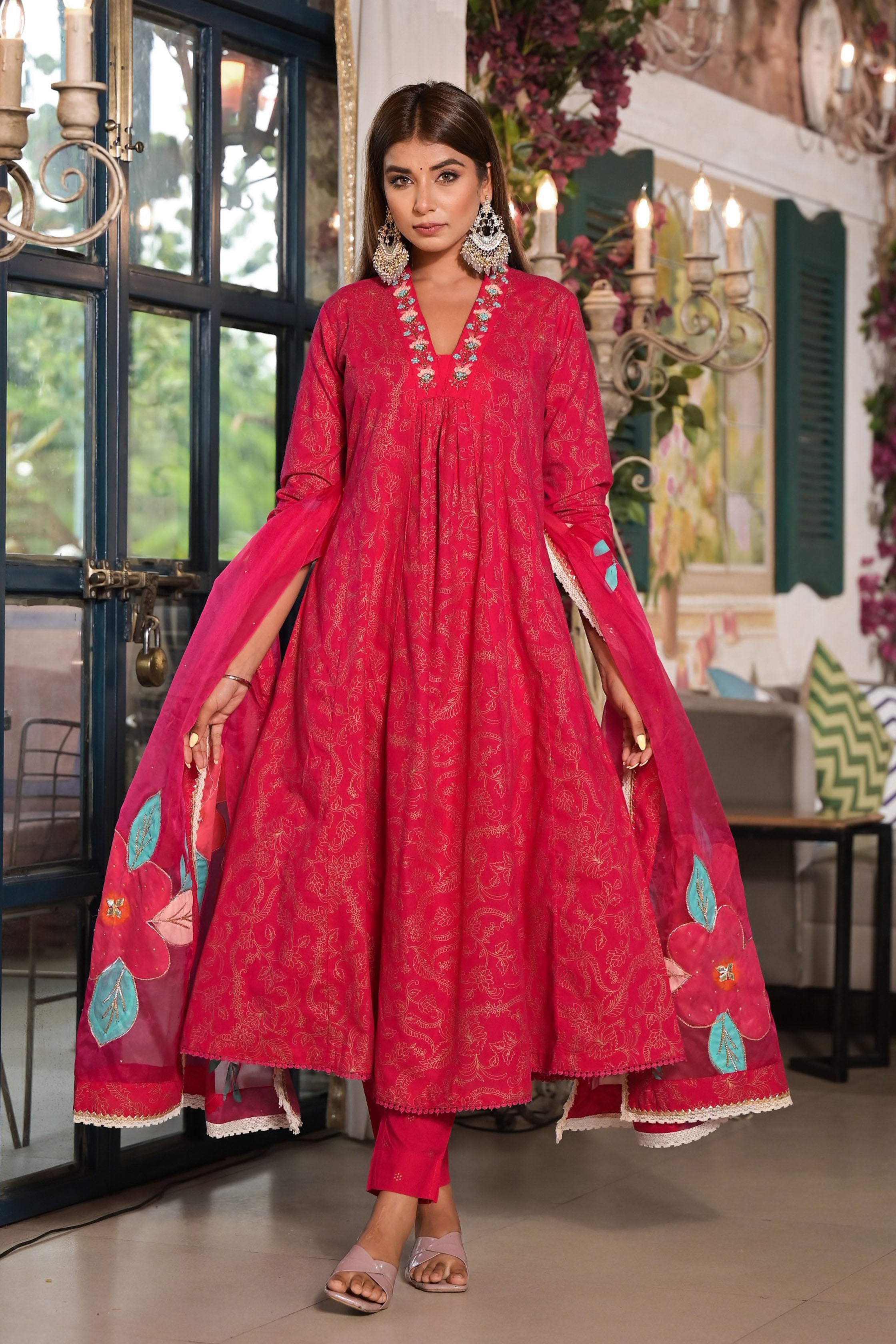 Maroon Cotton A-Line V-Neck Thread Work Kurta & Trouser With Dupatta