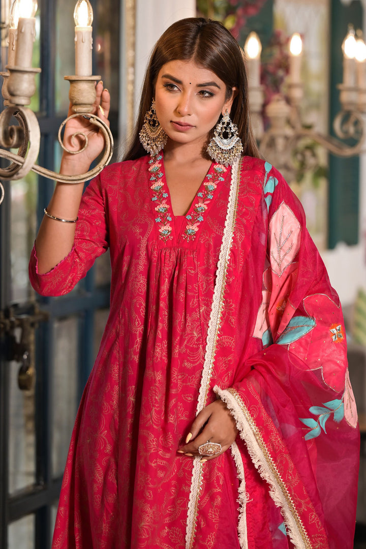 Maroon Cotton A-Line V-Neck Thread Work Kurta & Trouser With Dupatta