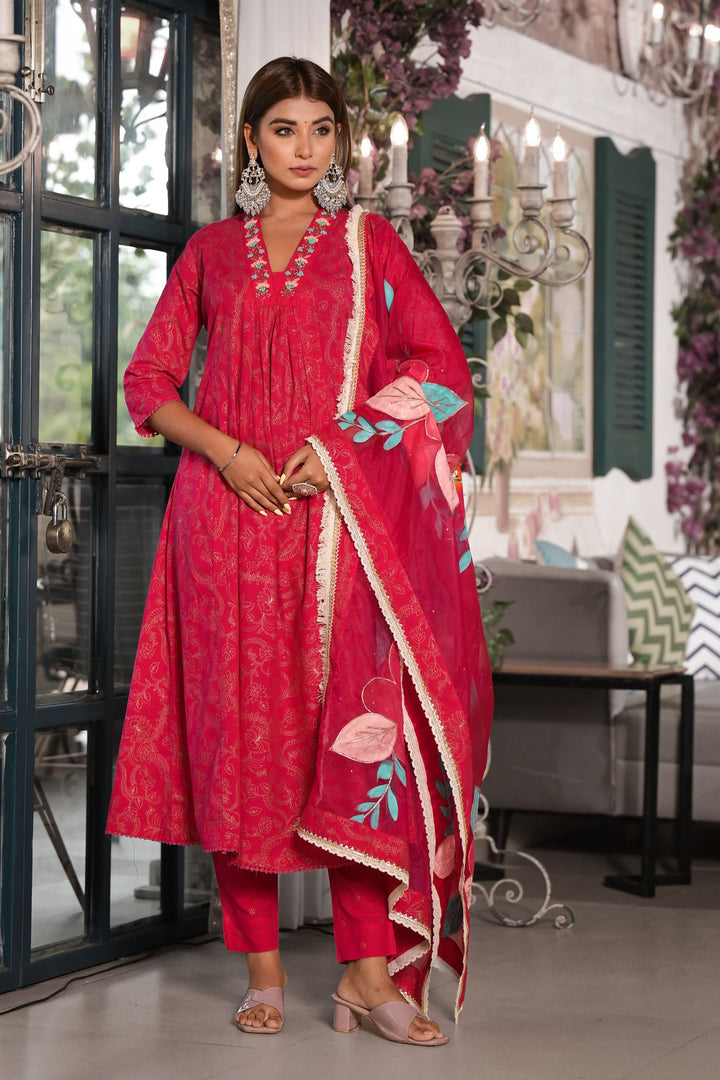 Aavanya Maroon Cotton A-Line V-Neck Thread Work Kurta & Trouser With Dupatta