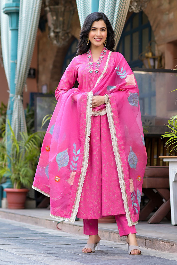 Aavanya Pink Cotton A-Line V-Neck Thread Work Kurta & Trouser With Dupatta