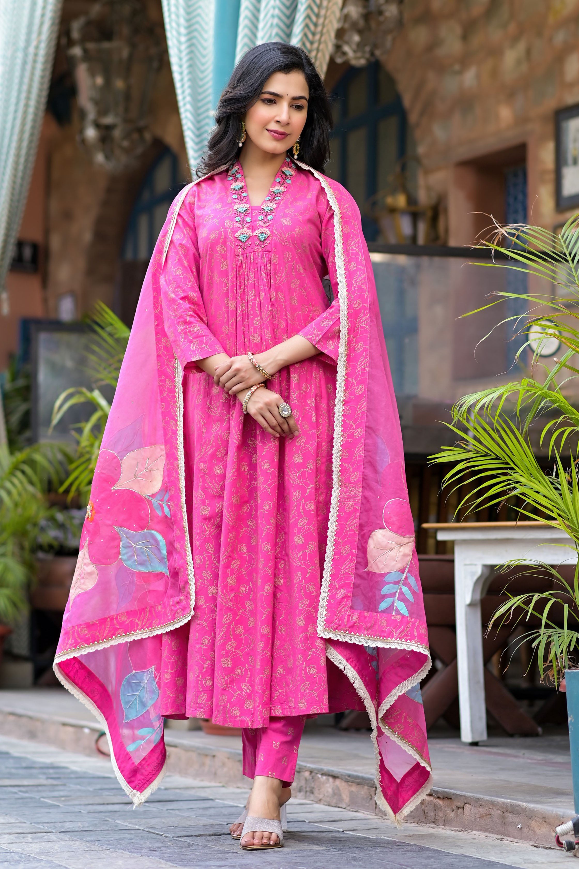 Pink Cotton A-Line V-Neck Thread Work Kurta & Trouser With Dupatta