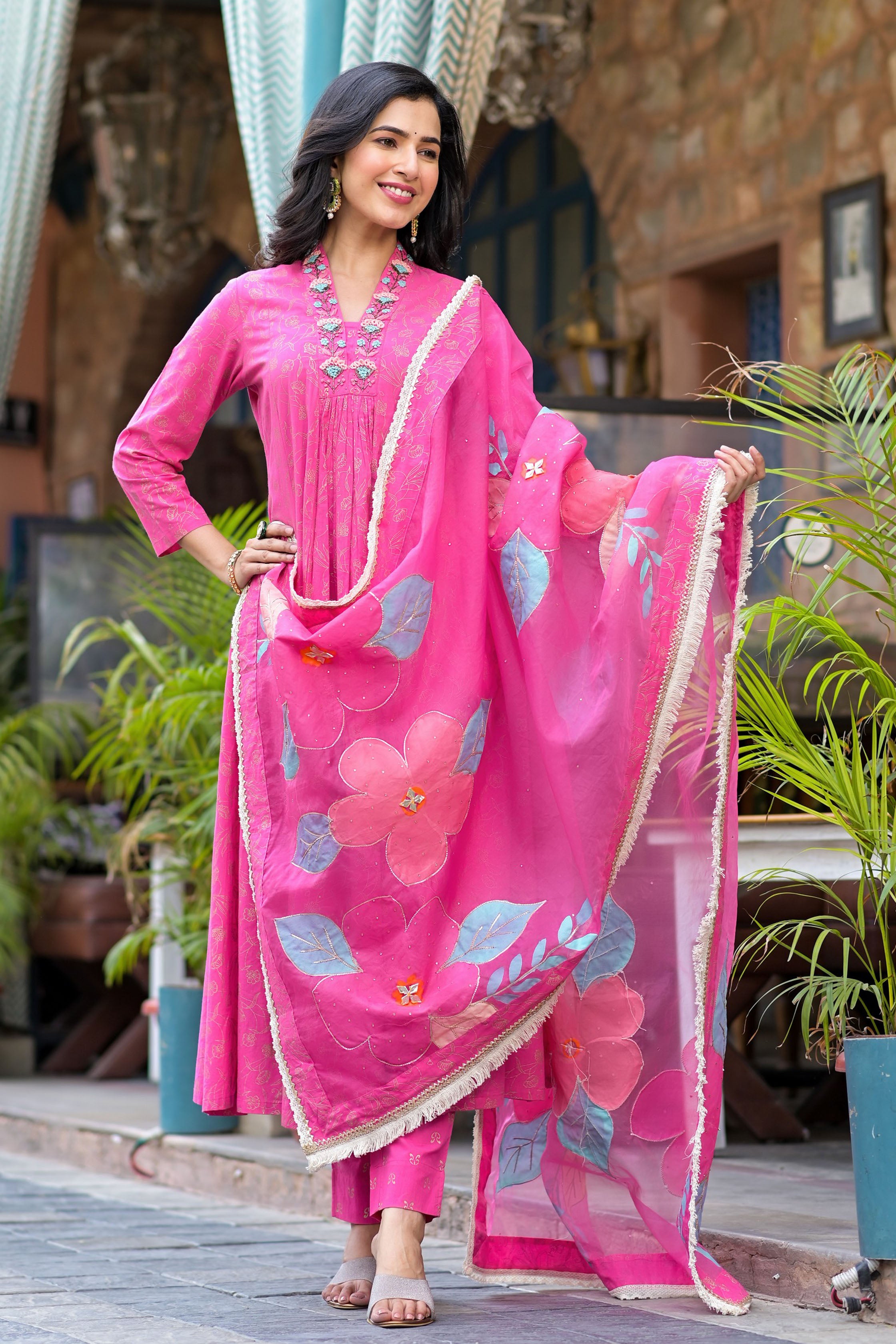 Pink Cotton A-Line V-Neck Thread Work Kurta & Trouser With Dupatta
