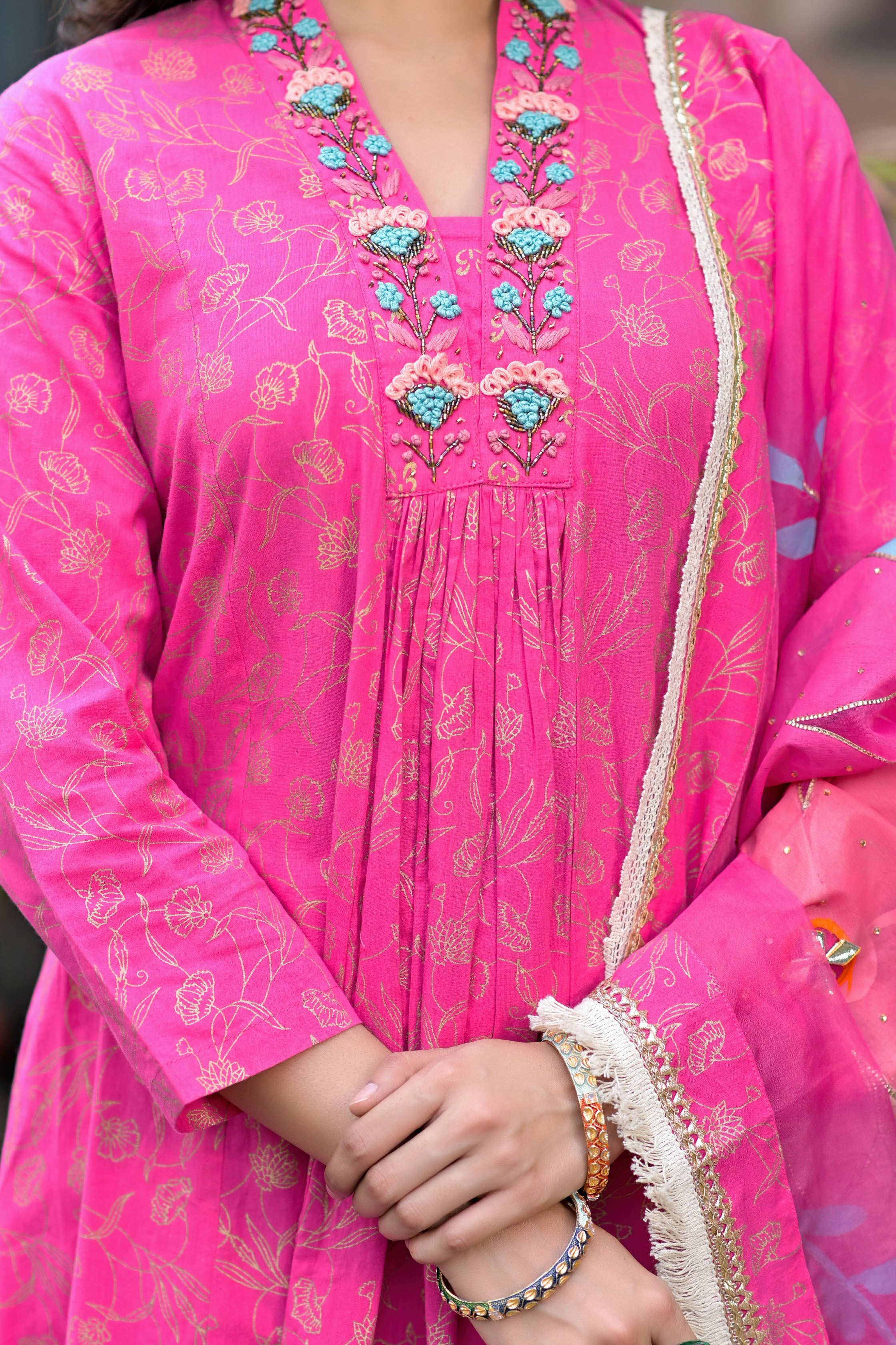 Pink Cotton A-Line V-Neck Thread Work Kurta & Trouser With Dupatta