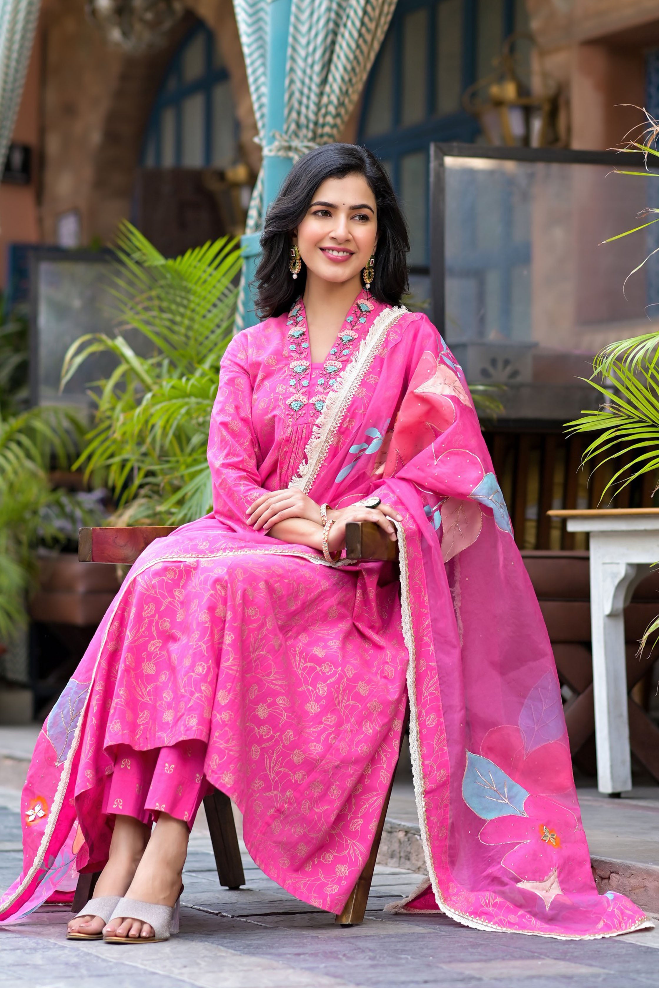 Pink Cotton A-Line V-Neck Thread Work Kurta & Trouser With Dupatta