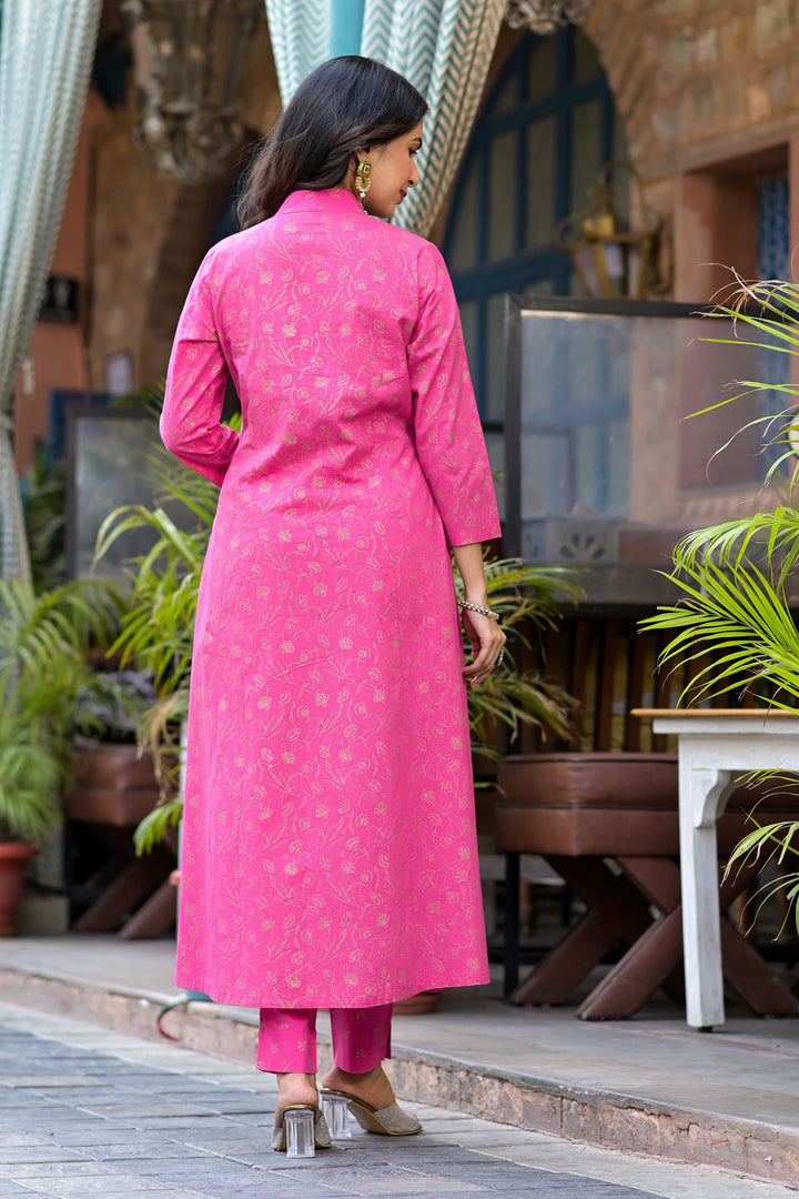 Pink Cotton A-Line V-Neck Thread Work Kurta & Trouser With Dupatta