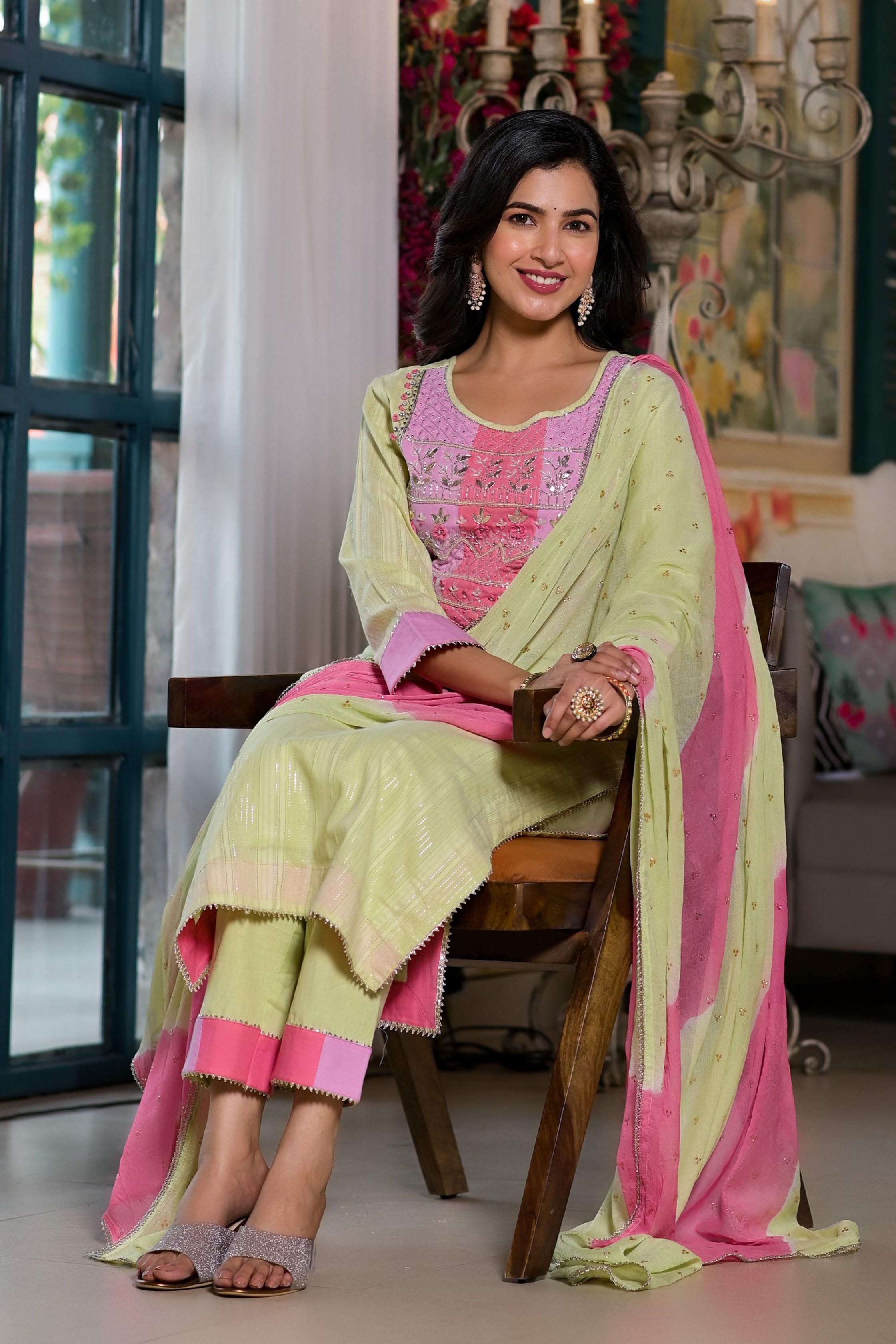 Green Cotton Anarkali Round Neck Thread Work Kurta & Trouser With Dupatta