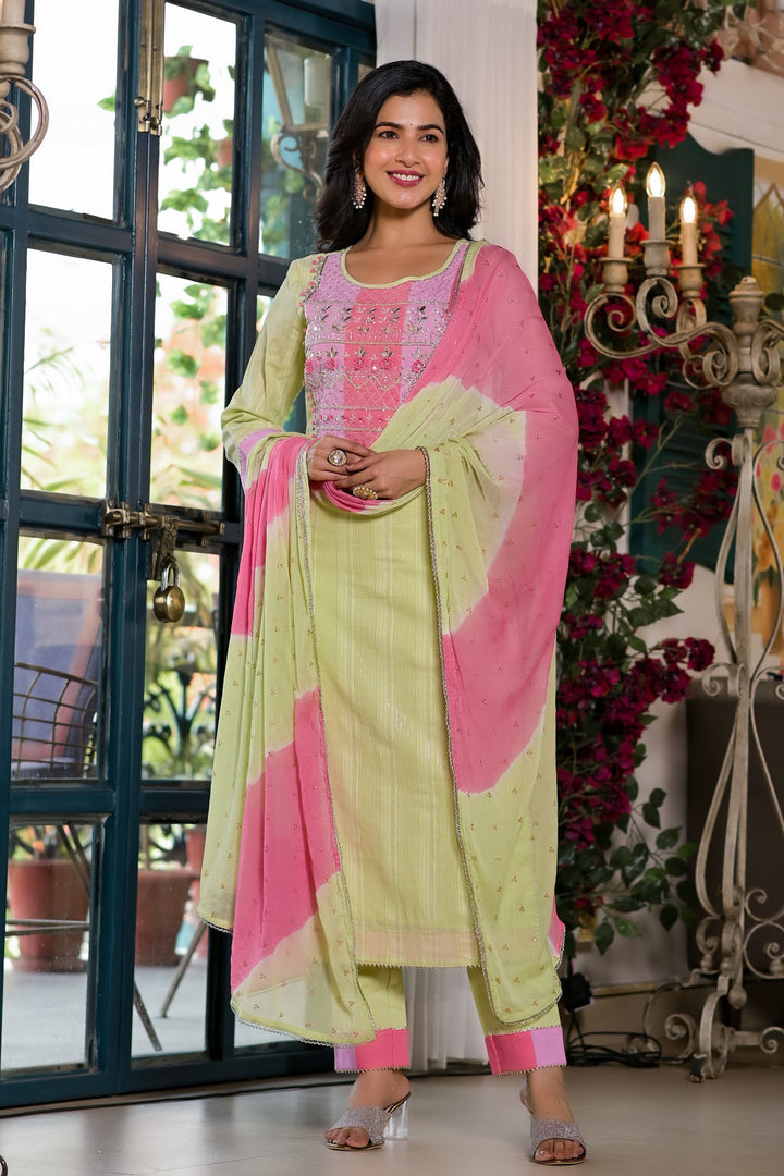 Aavanya Green Cotton Anarkali Round Neck Thread Work Kurta & Trouser With Dupatta