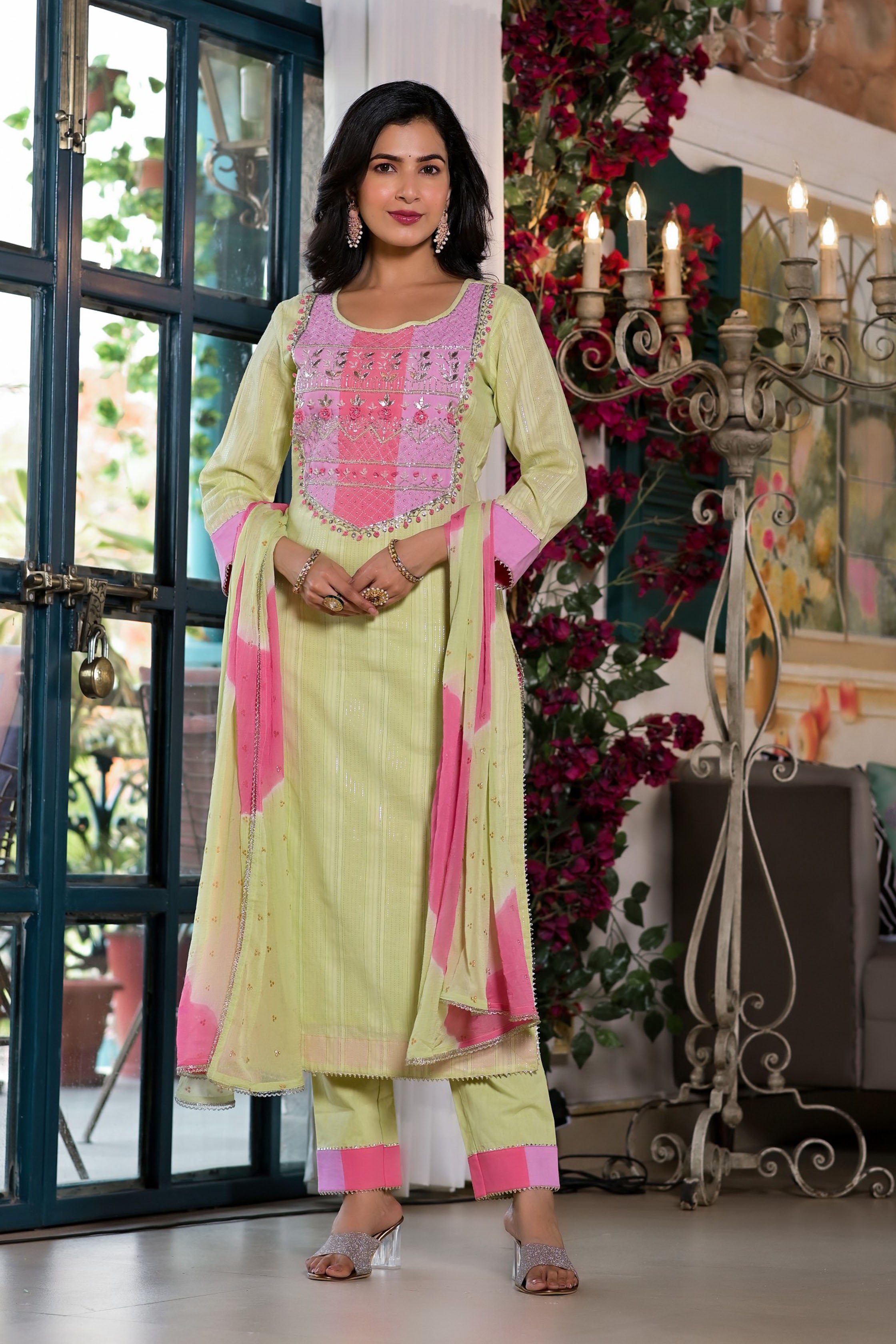 Green Cotton Anarkali Round Neck Thread Work Kurta & Trouser With Dupatta