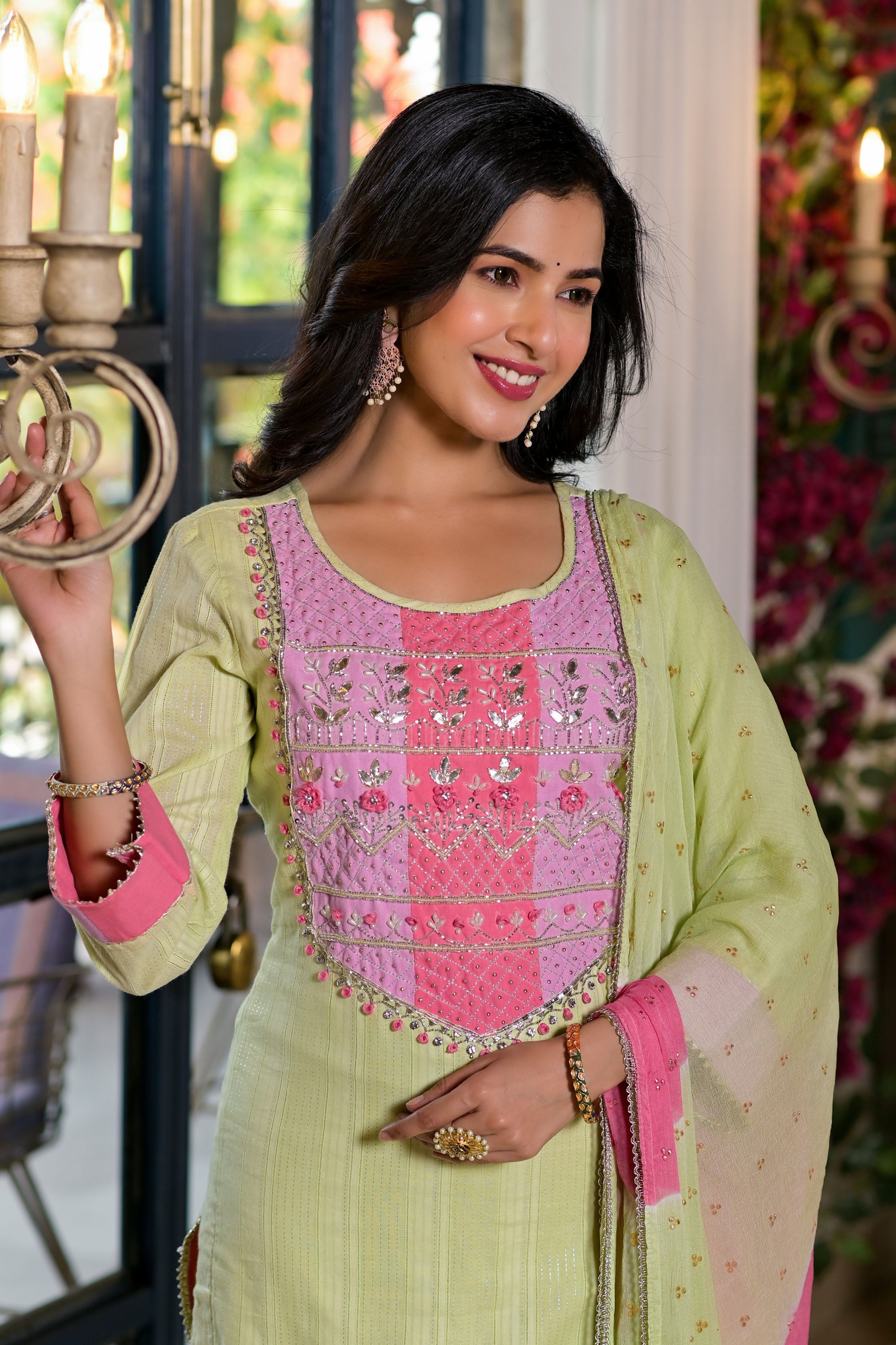 Green Cotton Anarkali Round Neck Thread Work Kurta & Trouser With Dupatta