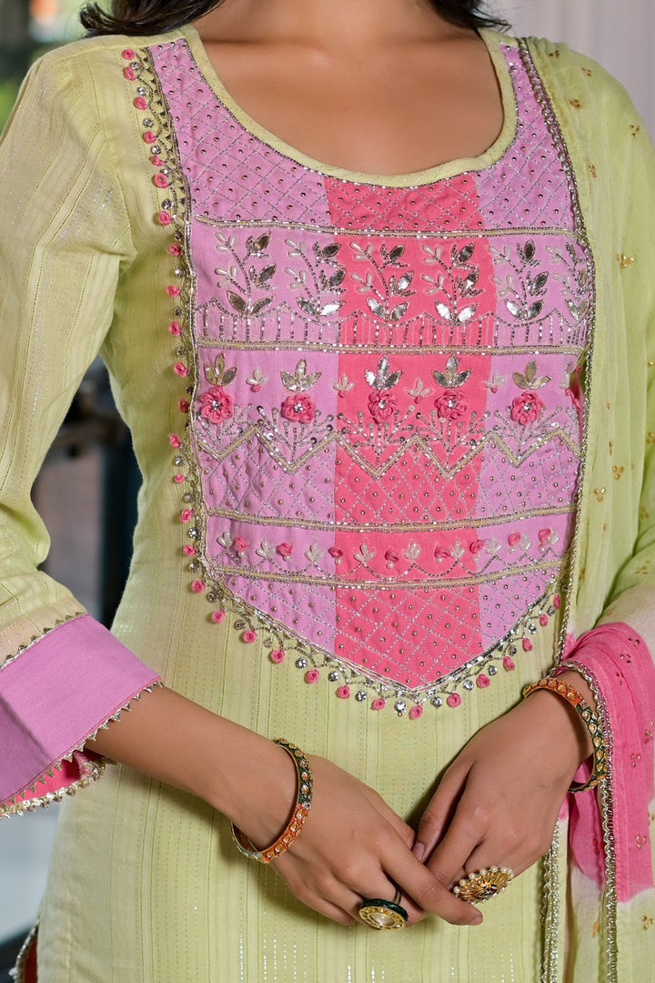 Green Cotton Anarkali Round Neck Thread Work Kurta & Trouser With Dupatta