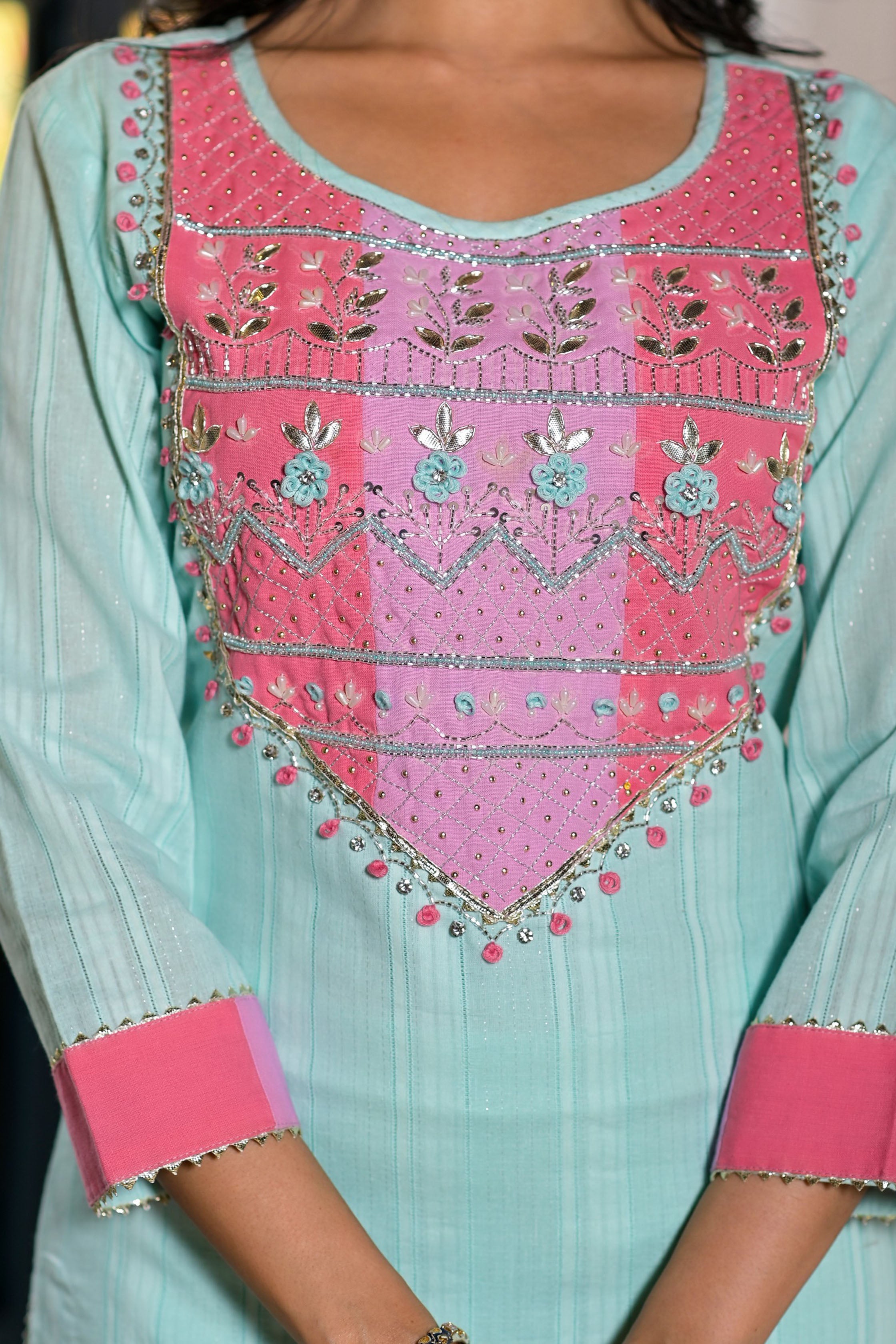 Sea Green Cotton Anarkali Round Neck Thread Work Kurta & Trouser With Dupatta